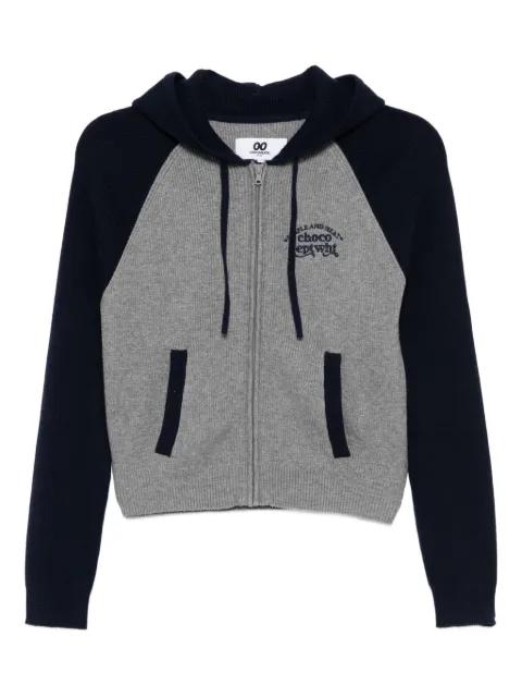 embroidered-slogan hoodied cardigan by :CHOCOOLATE