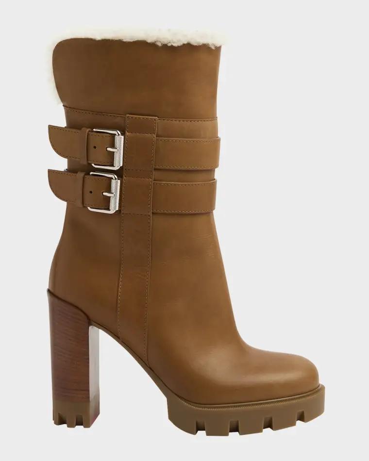 100mm Elisawalk Shearling-Lined Leather Booties by CHRISTIAN LOUBOUTIN