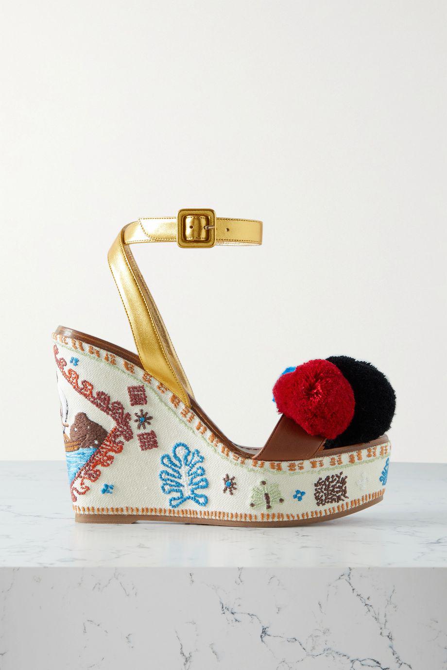Cycladissimo 120 leather-trimmed embroidered canvas wedge sandals by CHRISTIAN LOUBOUTIN Cycladissimo 120 leather-trimmed embroidered canvas wedge sandals by CHRISTIAN LOUBOUTIN