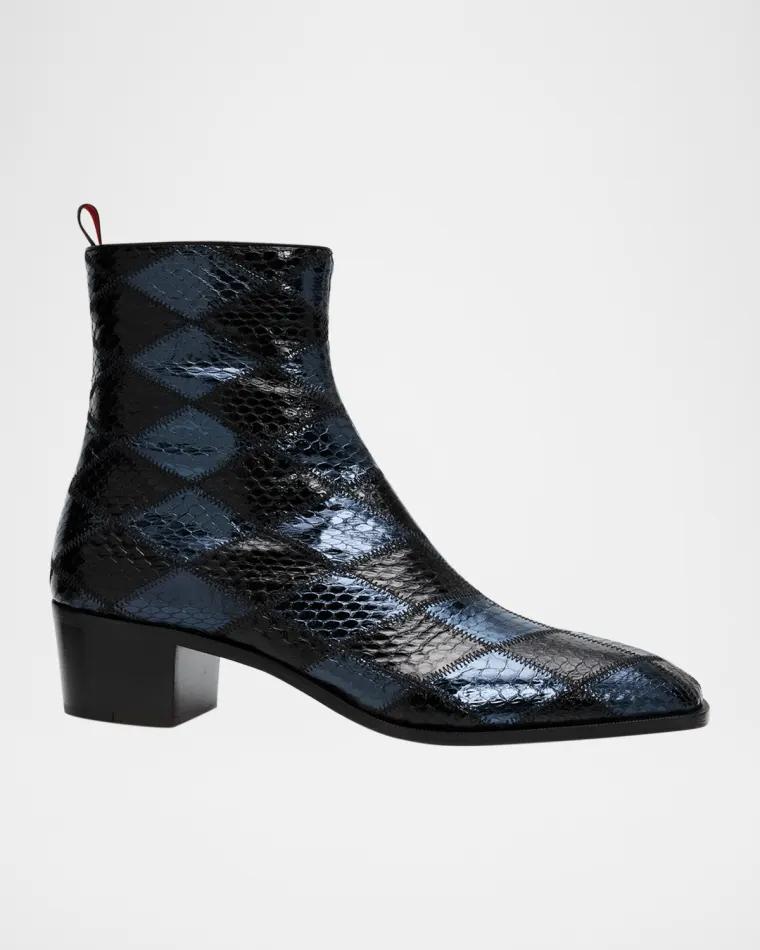 Men's Ziggissimo Forever Patchwork Watersnake Leather Zip Ankle Boots by CHRISTIAN LOUBOUTIN