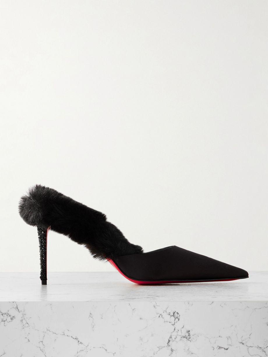 Plush-trimmed satin mules by CHRISTIAN LOUBOUTIN