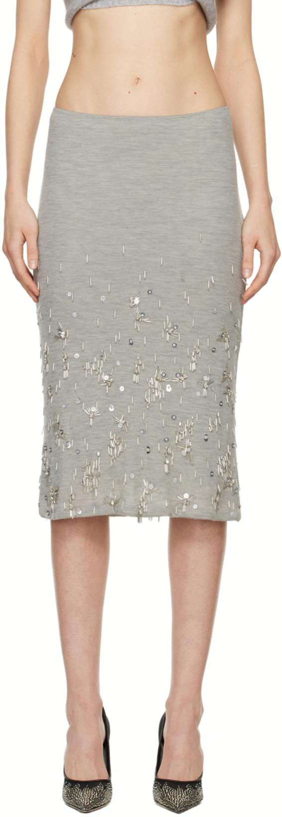 Gray Crystal Cluster Midi Skirt by CHRISTOPHER ESBER