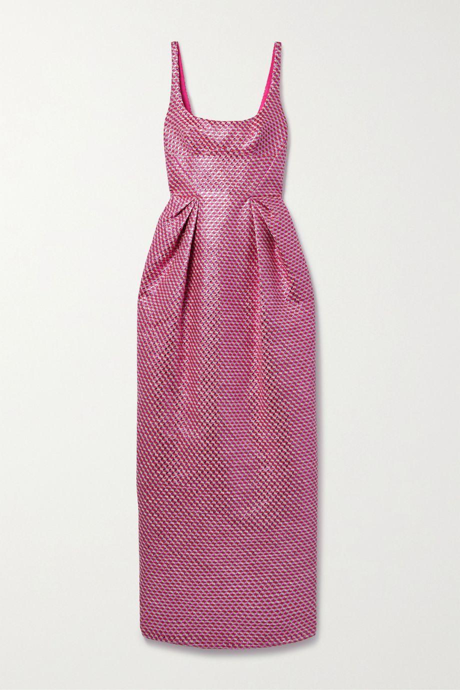 Pleated metallic cotton-blend jacquard gown by CHRISTOPHER JOHN ROGERS