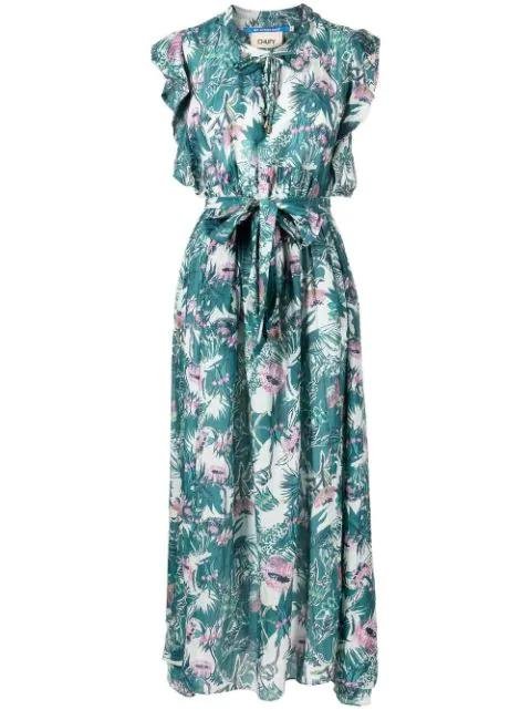 belted botanical-print dress by CHUFY
