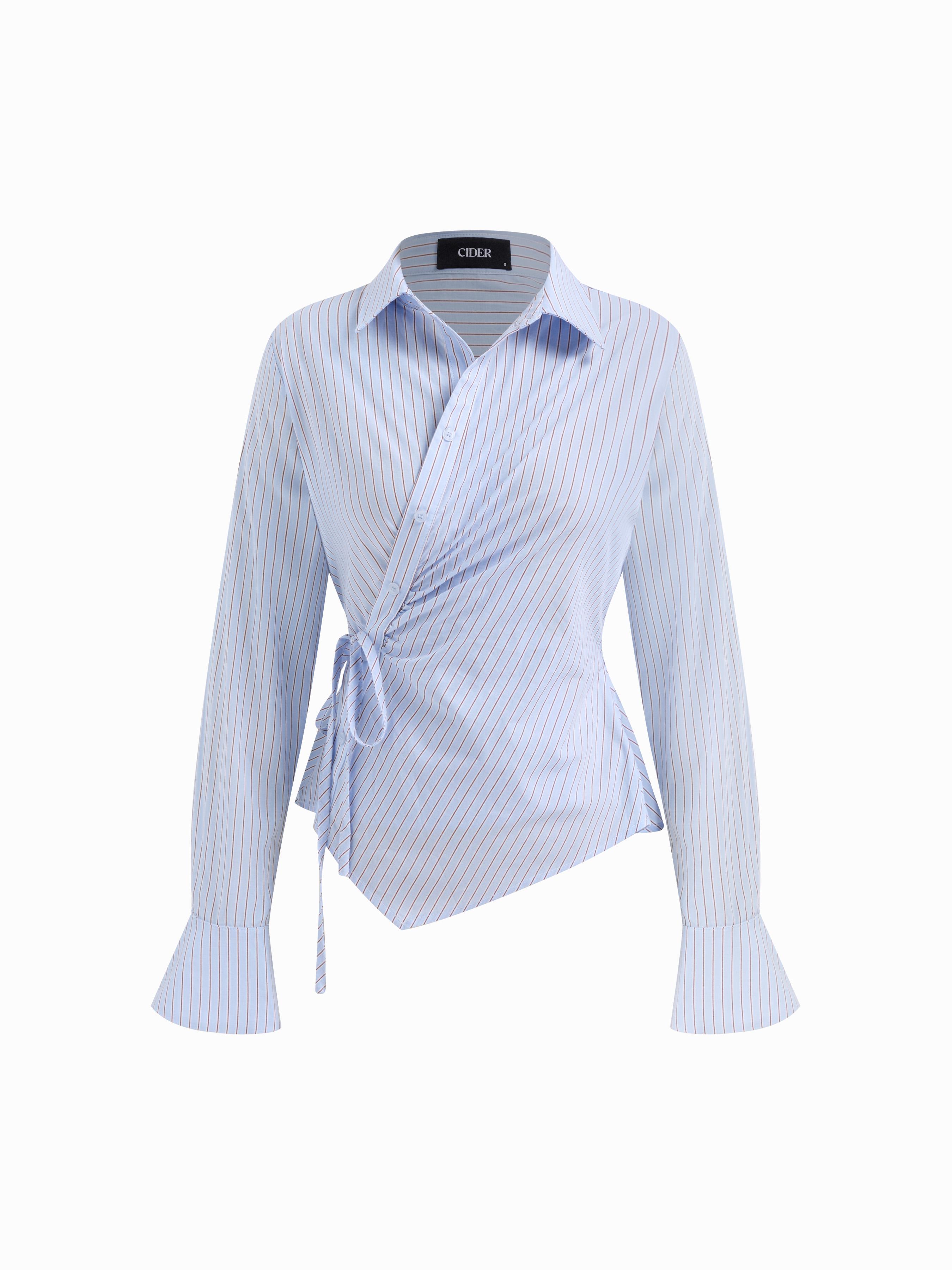 100% Cotton Collar Asymmetrical Hem Tie Side Ruched Blouse by CIDER