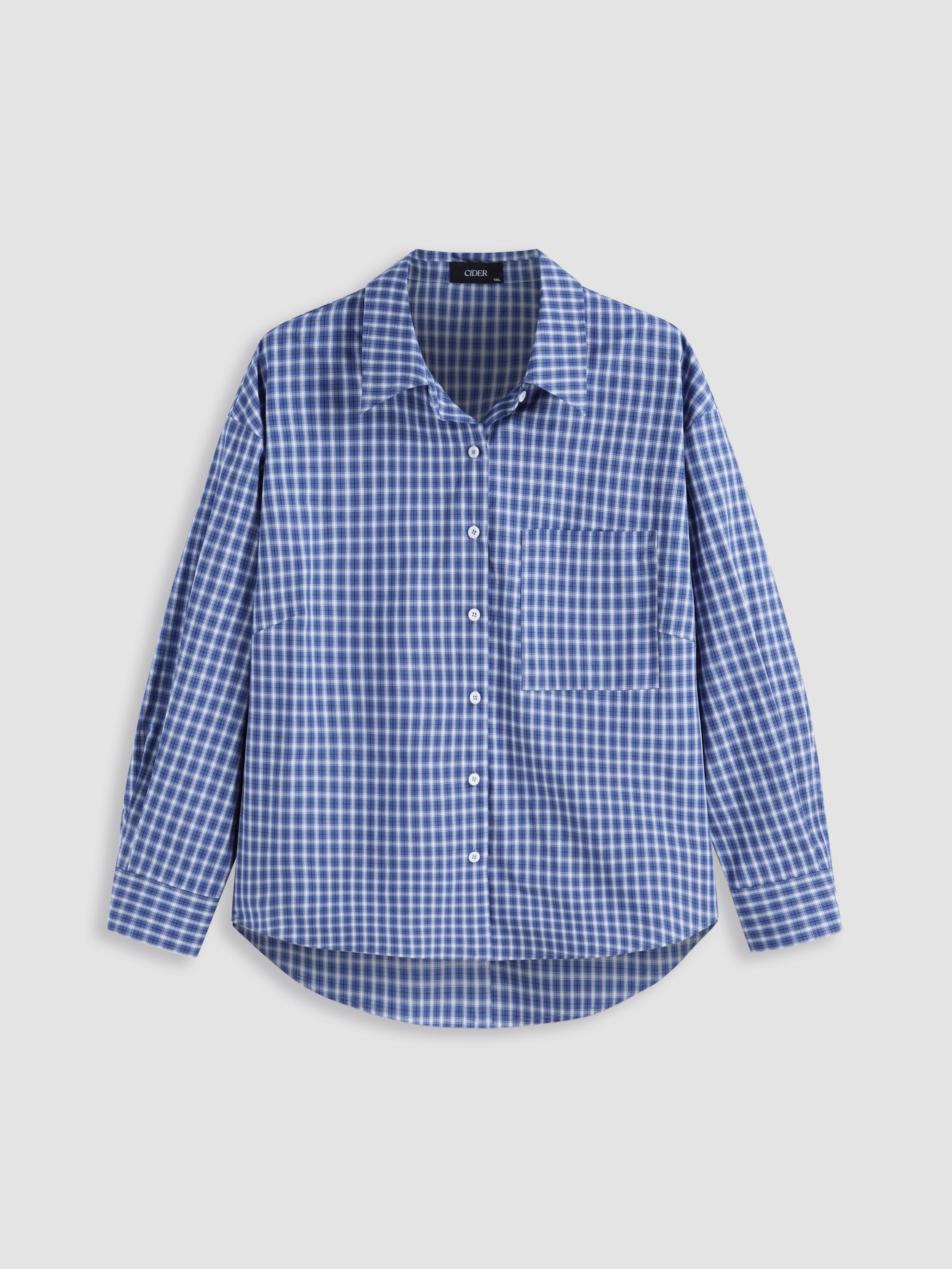 100% Cotton Collar Gingham Pocket Long Sleeve Shirt Curve & Plus by CIDER