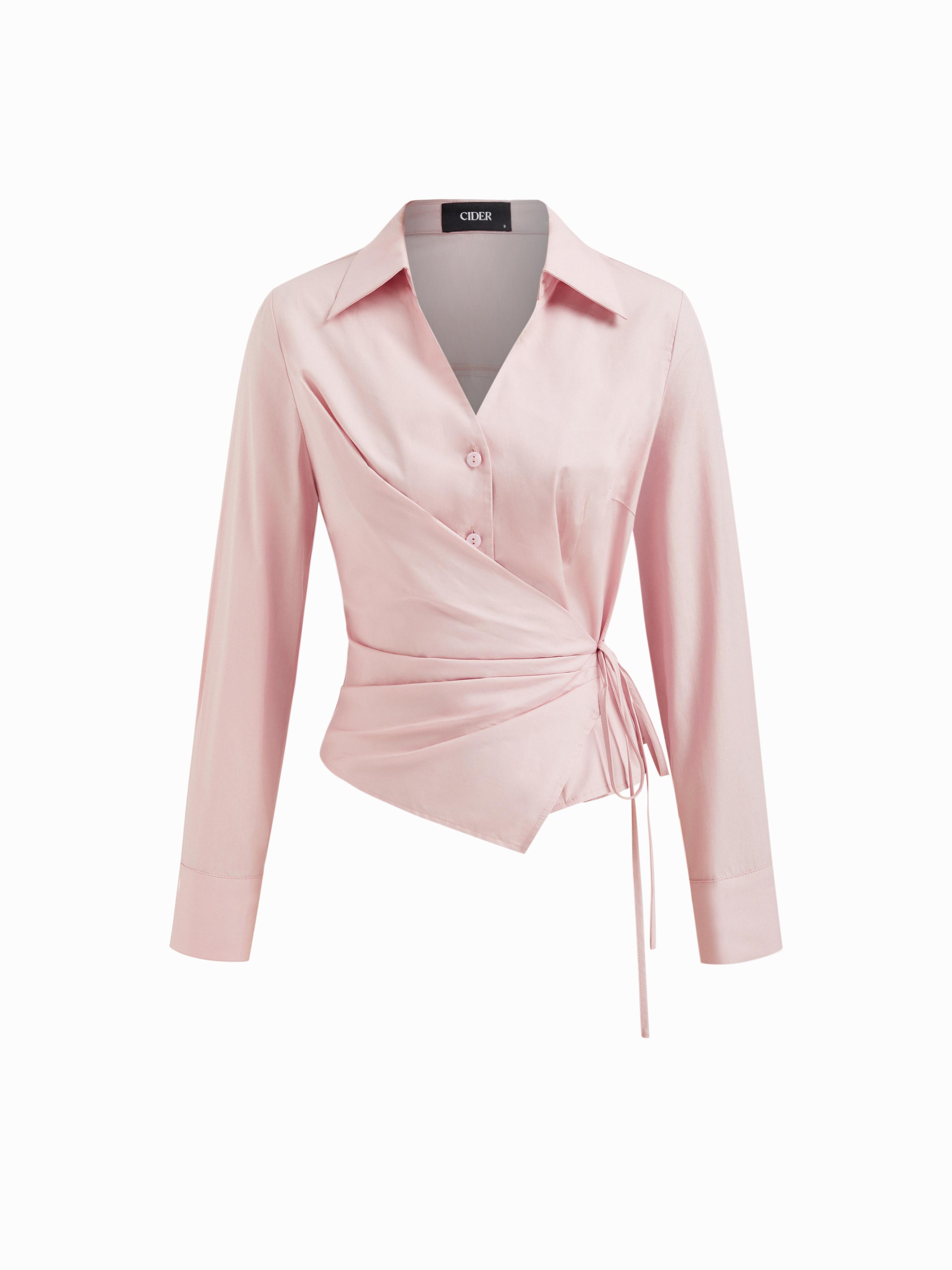 100% Cotton Collar V-neck Long Sleeve Wrap Tie Side Shirt by CIDER