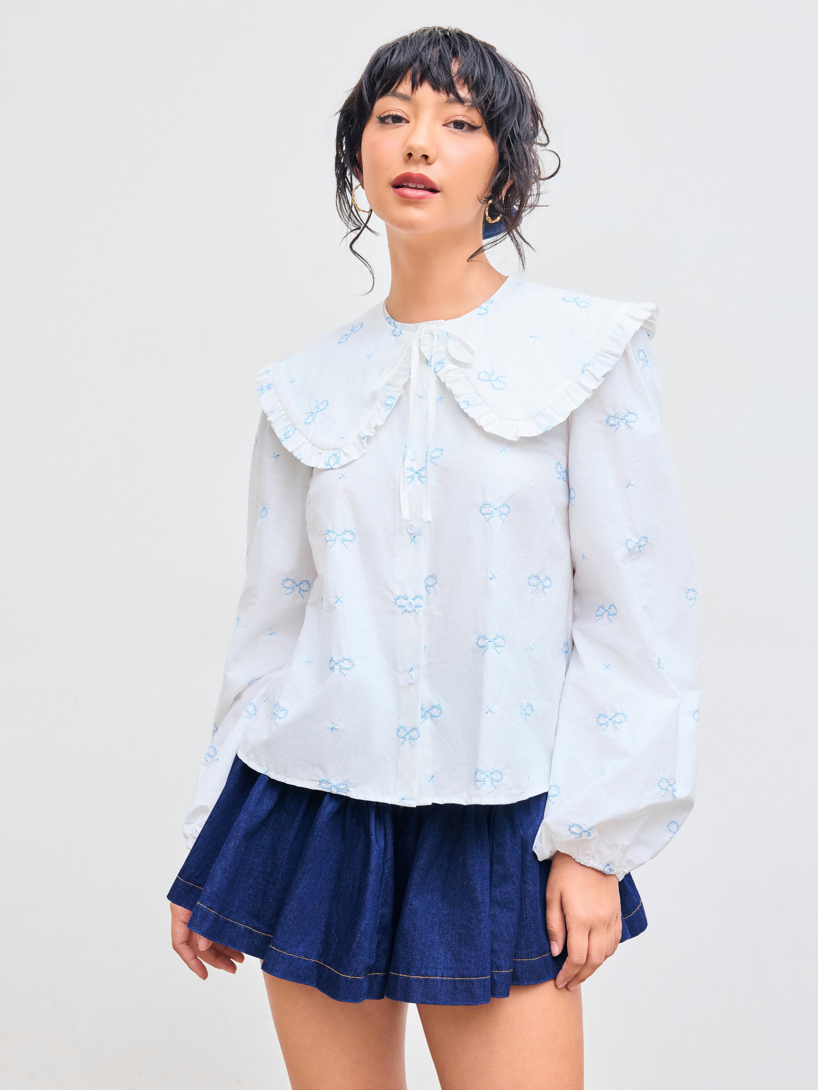 100% Cotton Doll Collar Bowknot Knotted Long Sleeve Blouse by CIDER