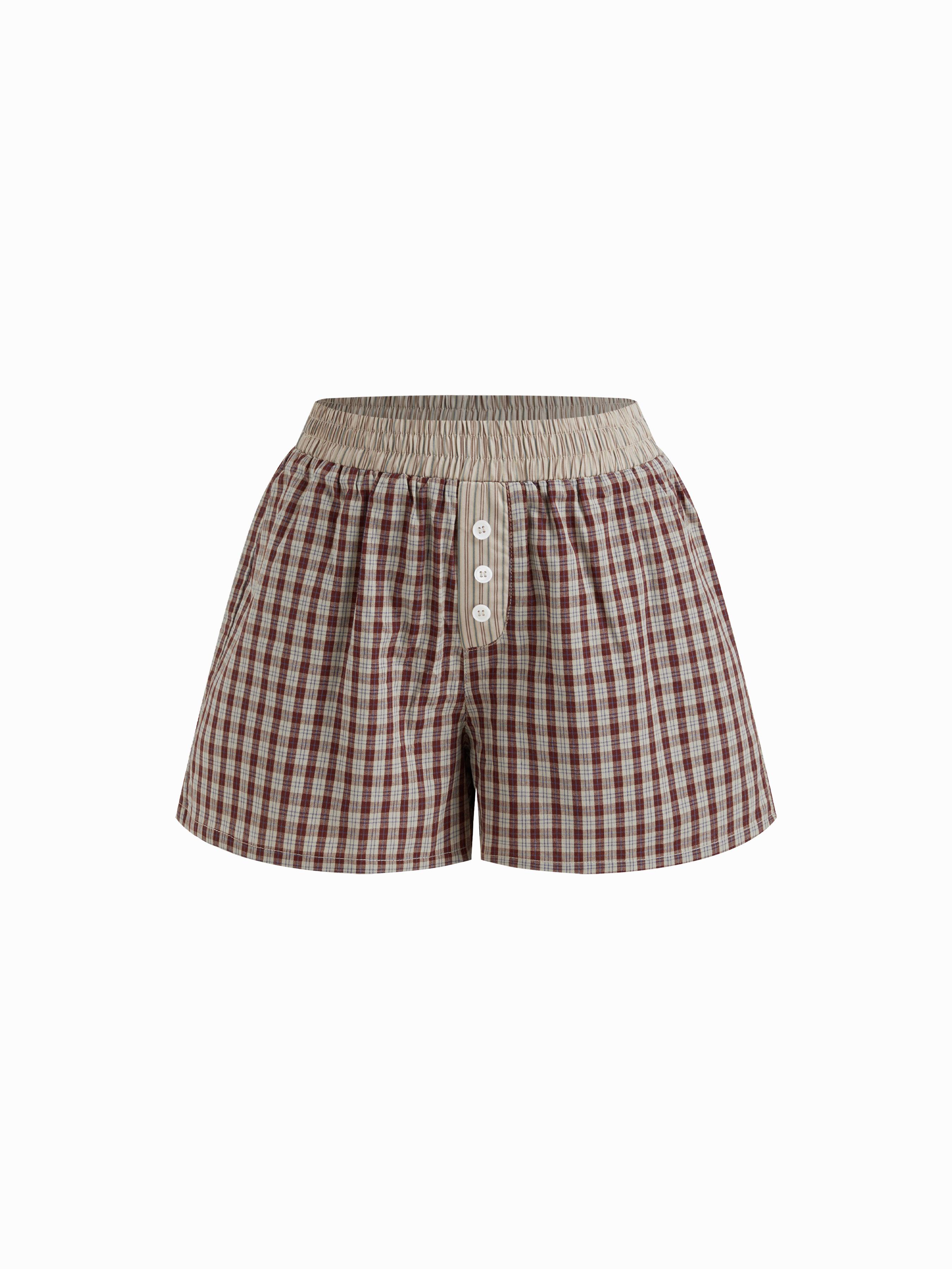 100% Cotton Mid Rise Check Loungewear Shorts by CIDER