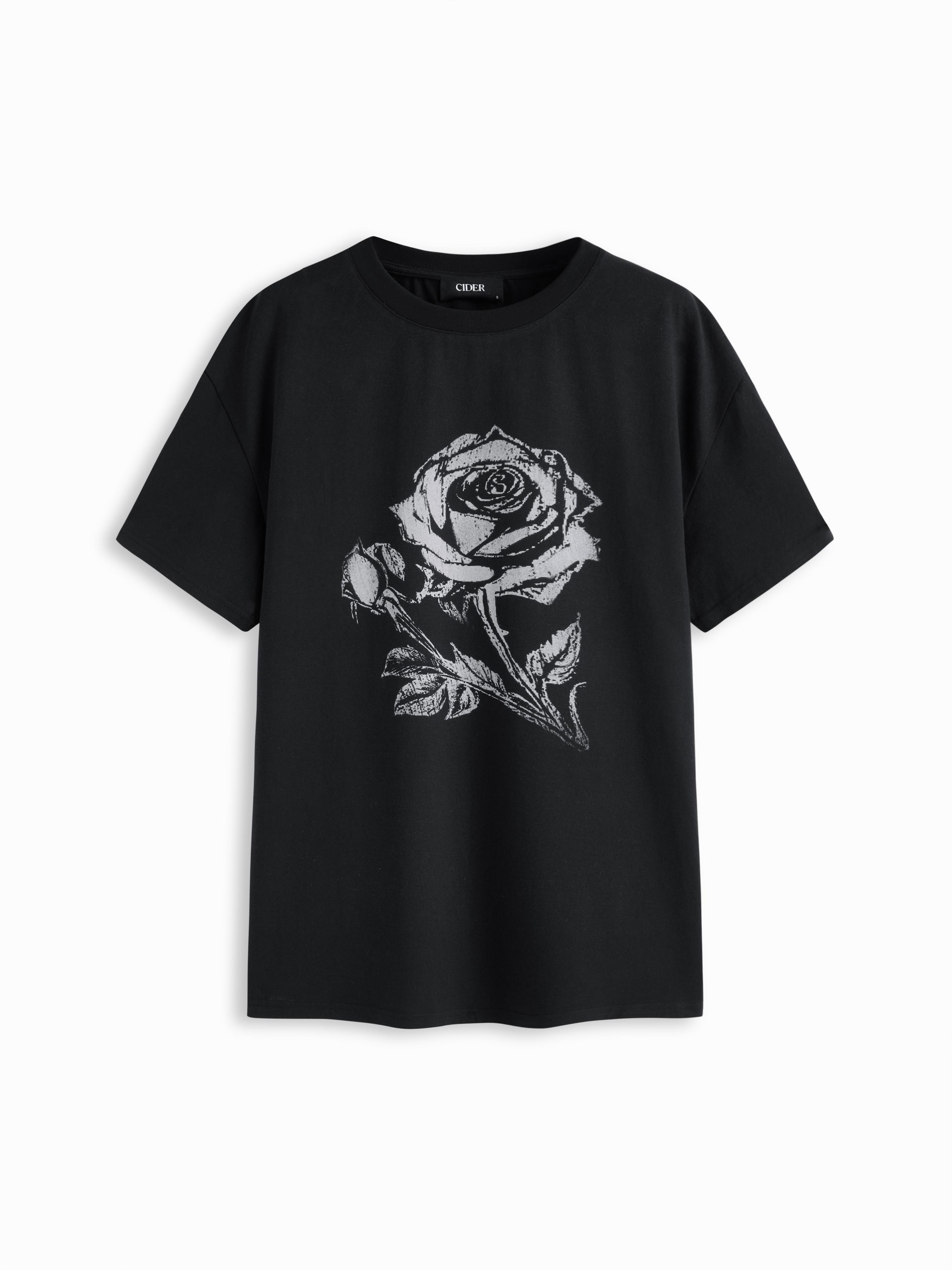 100% Cotton Round Neckline Rose Graphic Oversized Longline Tee by CIDER