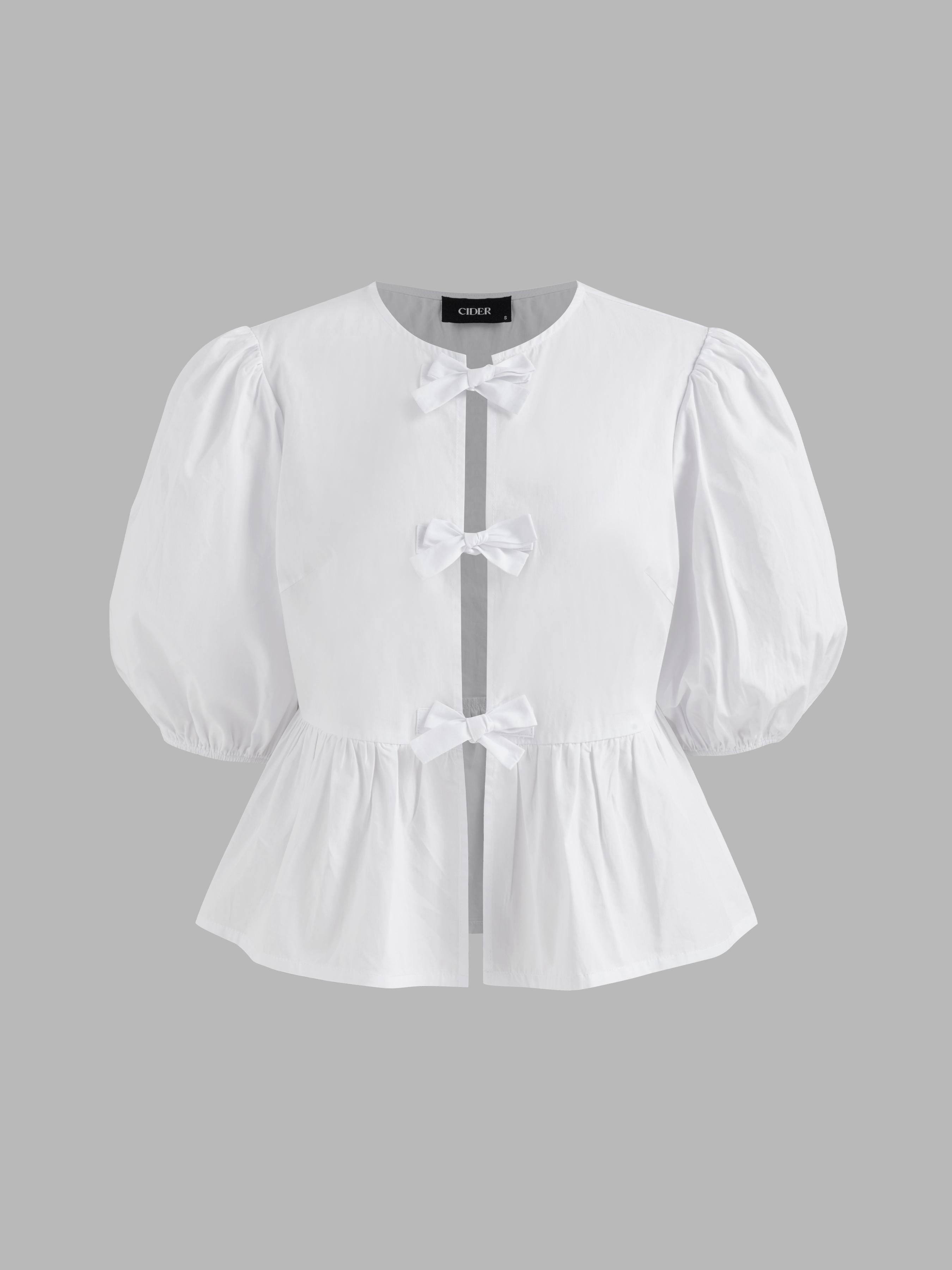 100% Cotton Round Neckline Solid Bowknot Ruffle Hem Puff Sleeve Shirt by CIDER