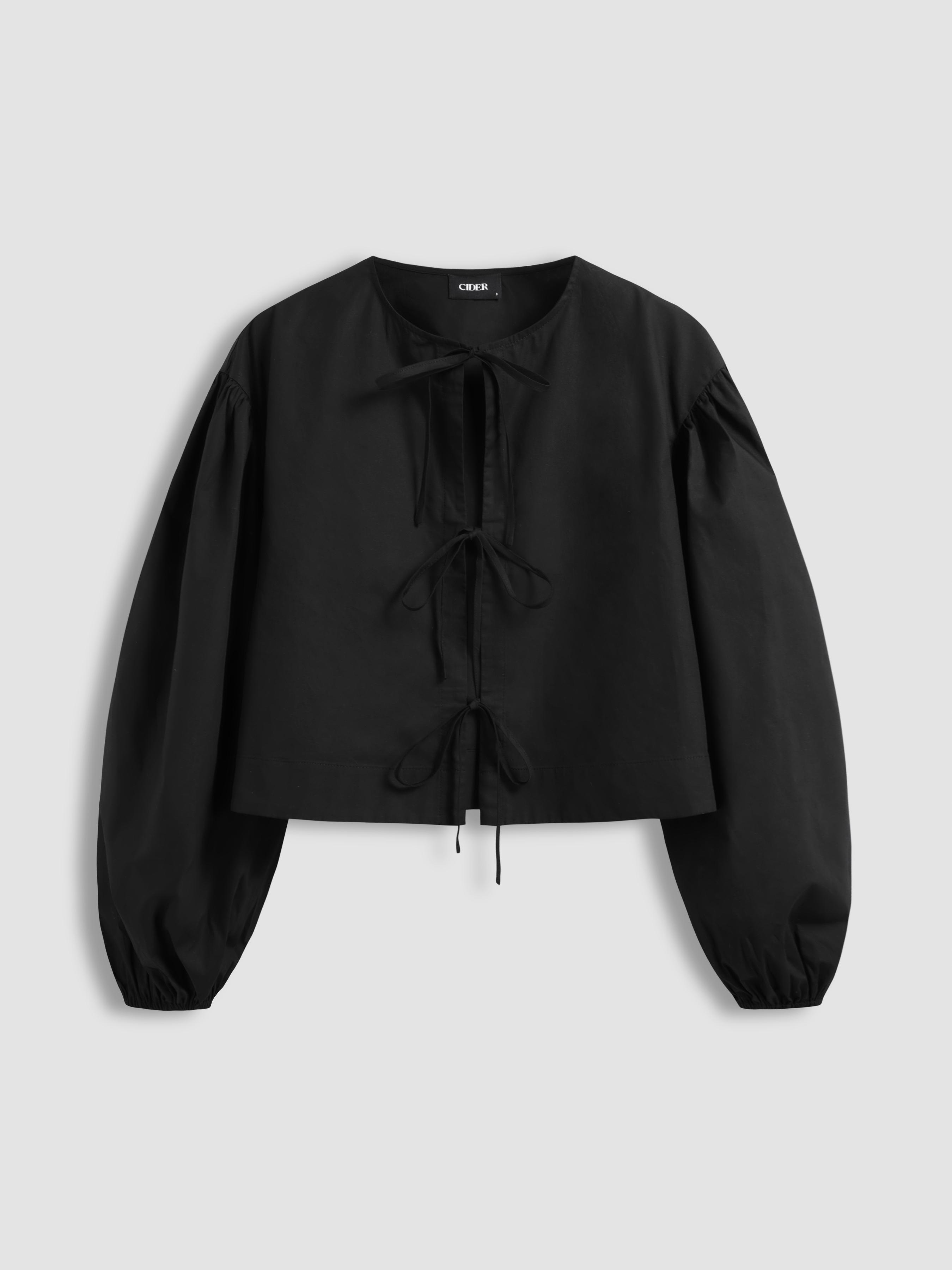 100% Cotton Round Neckline Solid Tie Front Bowknot Oversized Blouse by CIDER