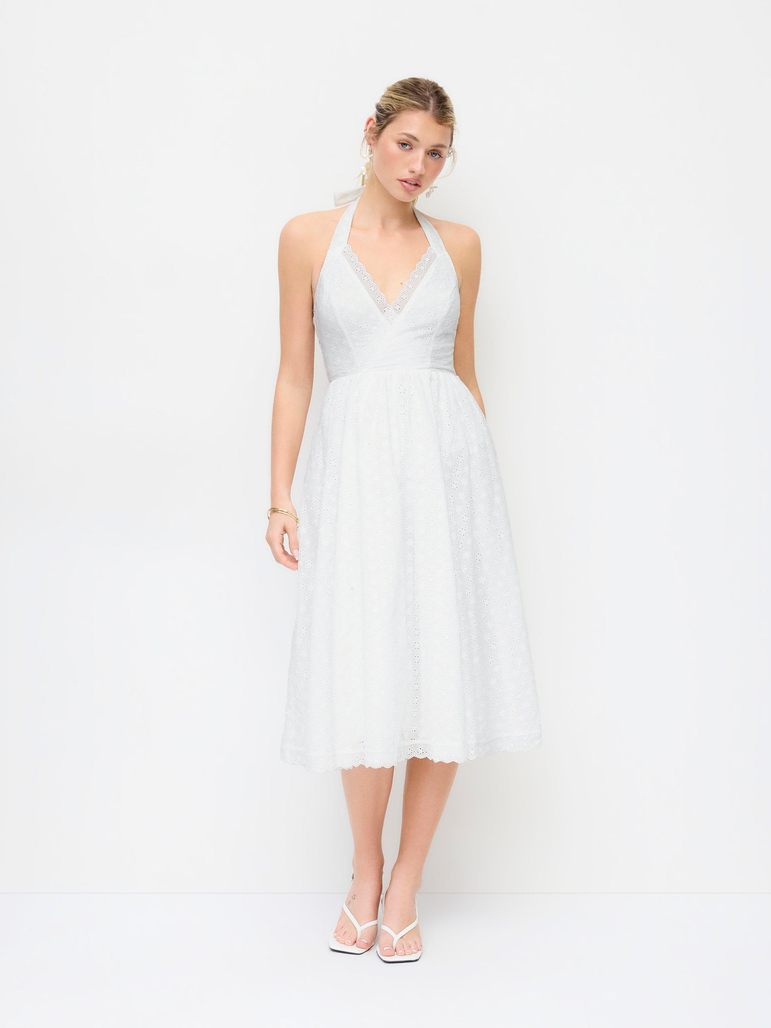 100% Cotton Textured Halter Neck Broderie Anglaise Wrap Flared Midi Dress by CIDER