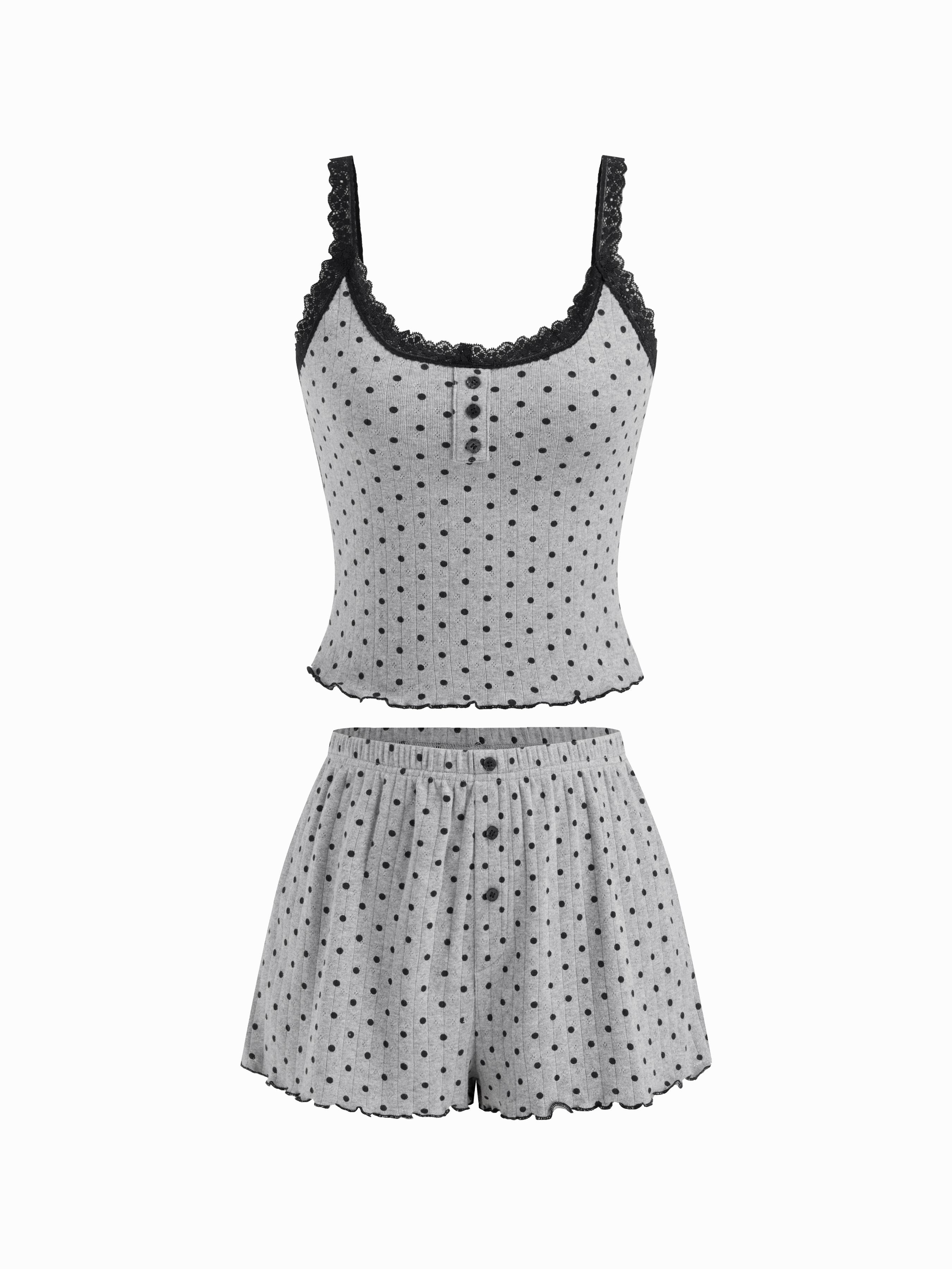 100% Cotton U-neckline Polka Dot Lace Trim Cami Top & Mid Rise Shorts Loungewear Set by CIDER