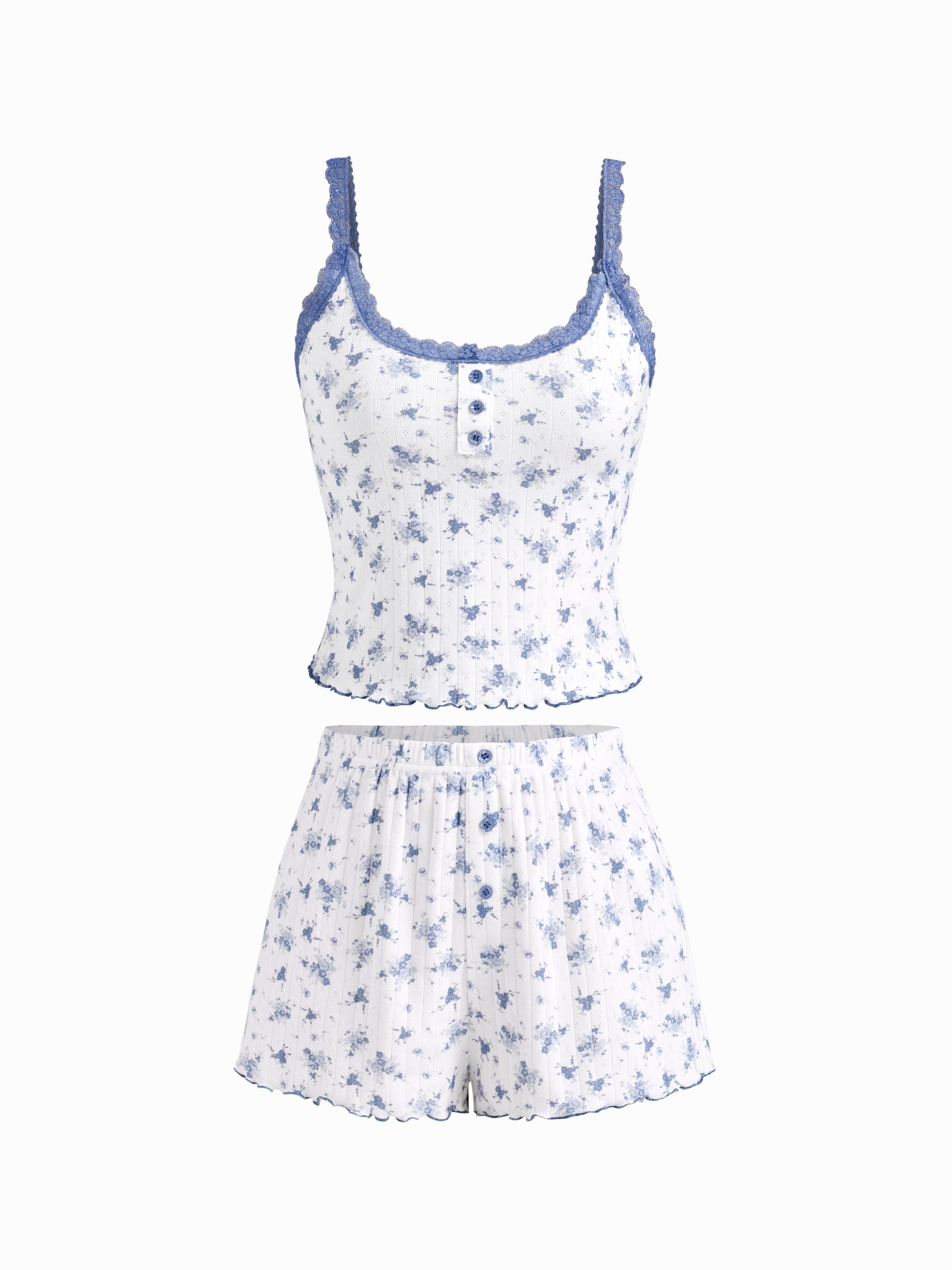 100% Cotton U-neckline Polka Dot Lace Trim Cami Top & Mid Rise Shorts Loungewear Set by CIDER