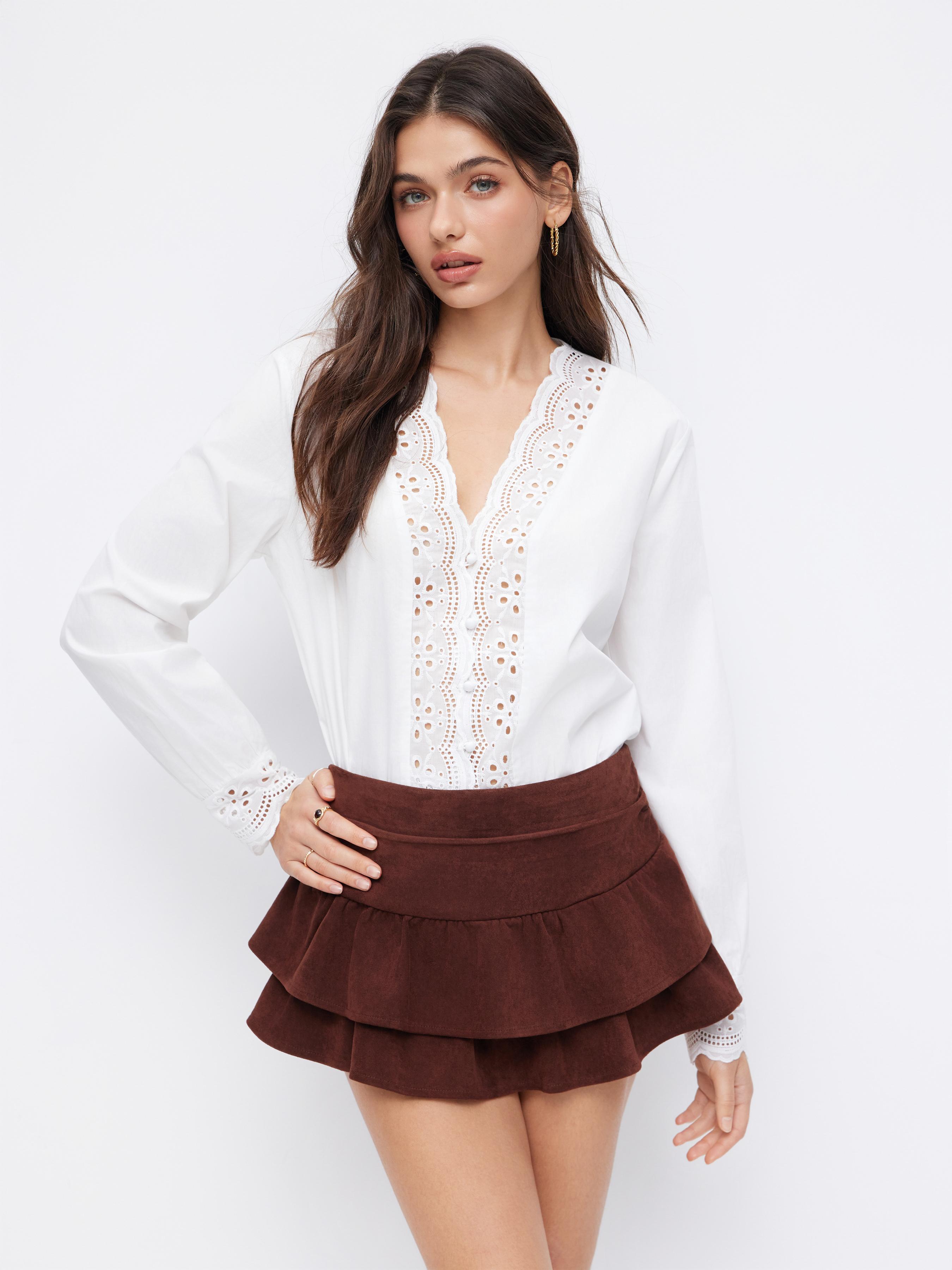 100% Cotton V-neck Long Sleeve Floral Broderie Anglaise Blouse by CIDER