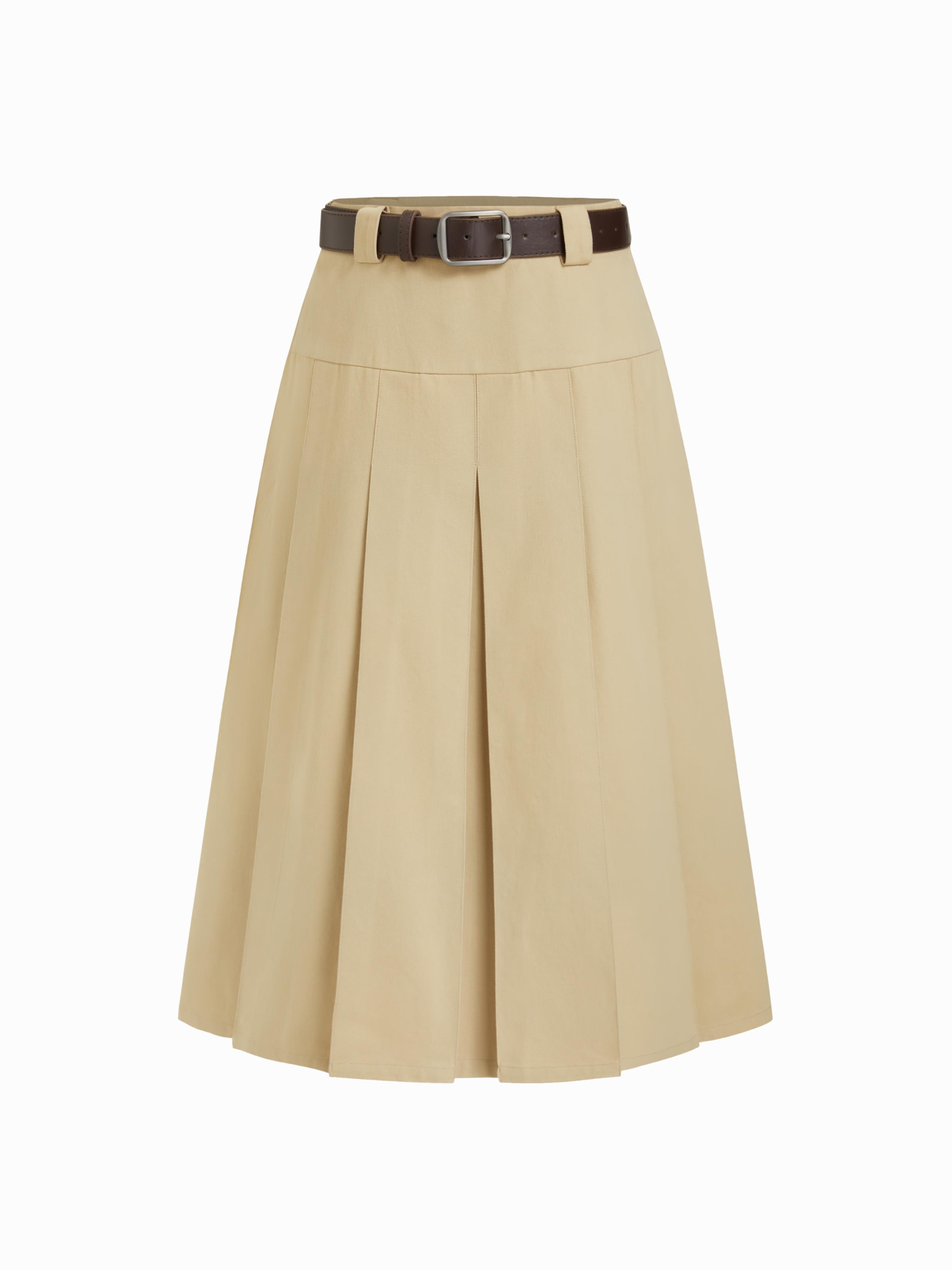 100%Cotton High Rise Pleated Midi Skirt With Belt by CIDER