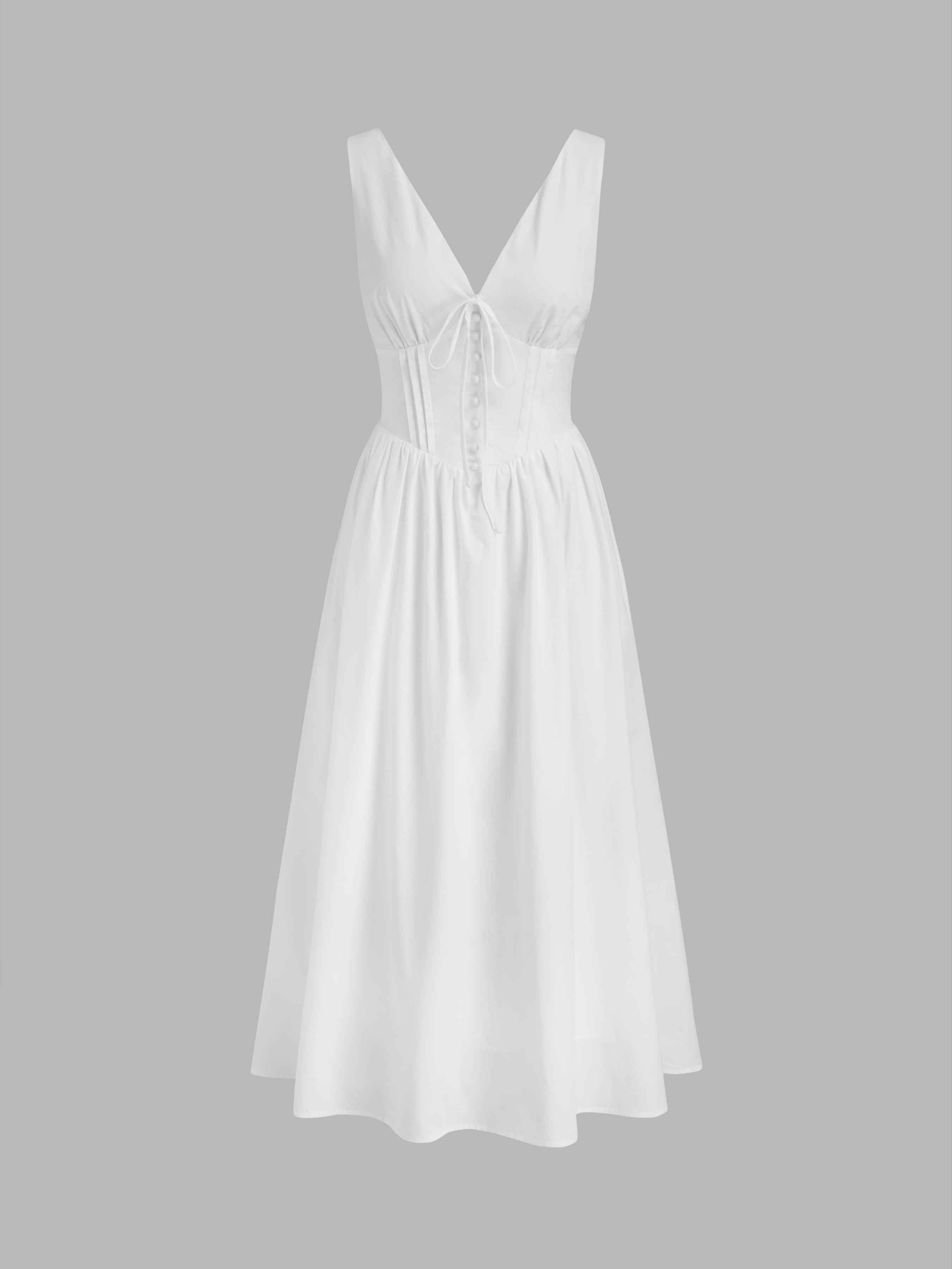 100%Cotton V-neck Pleated Knotted Maxi Dress by CIDER