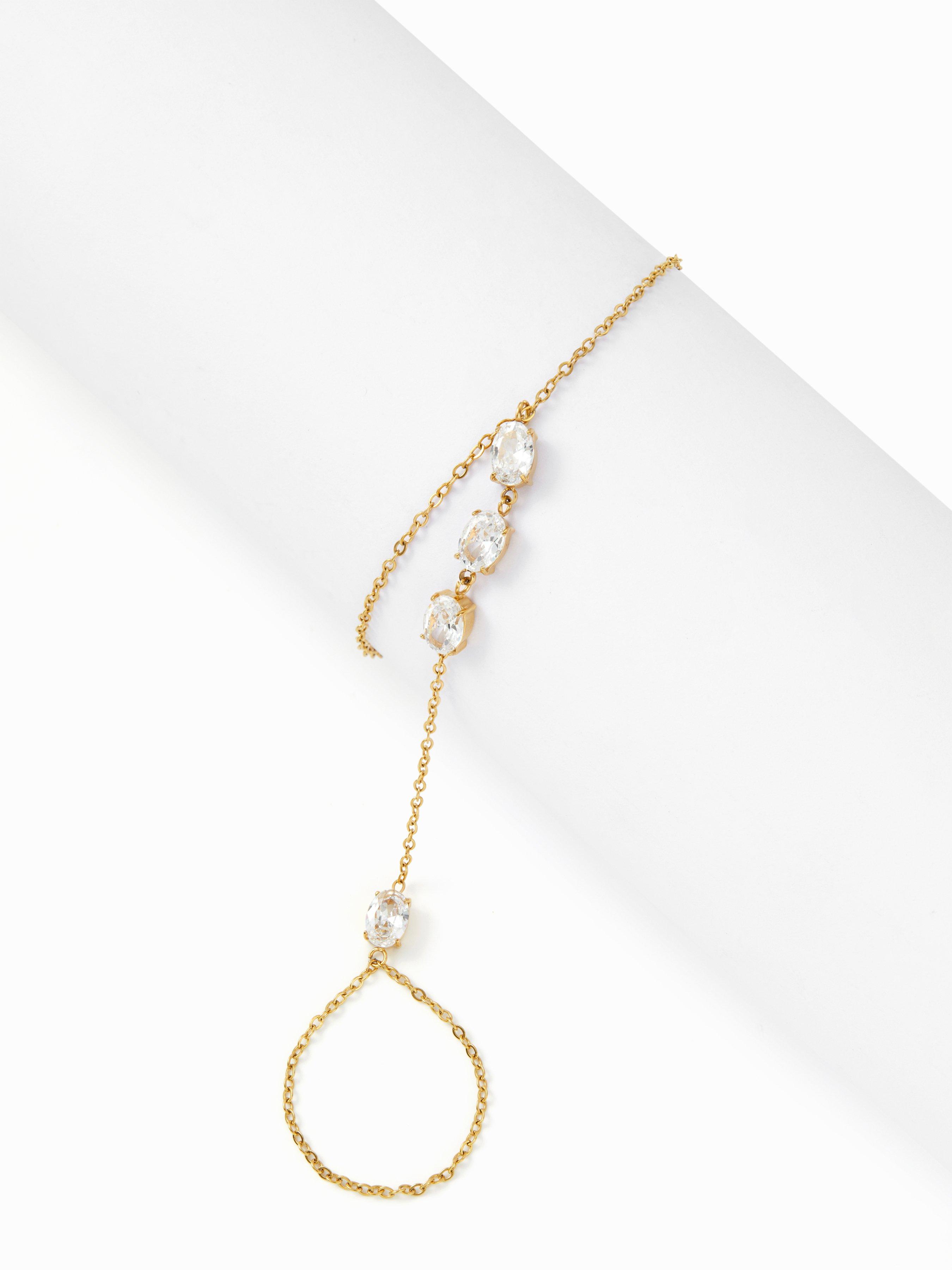 18K GOLD PLATED STAINLESS STEEL RHINESTONE HAND CHAIN BRACELET by CIDER