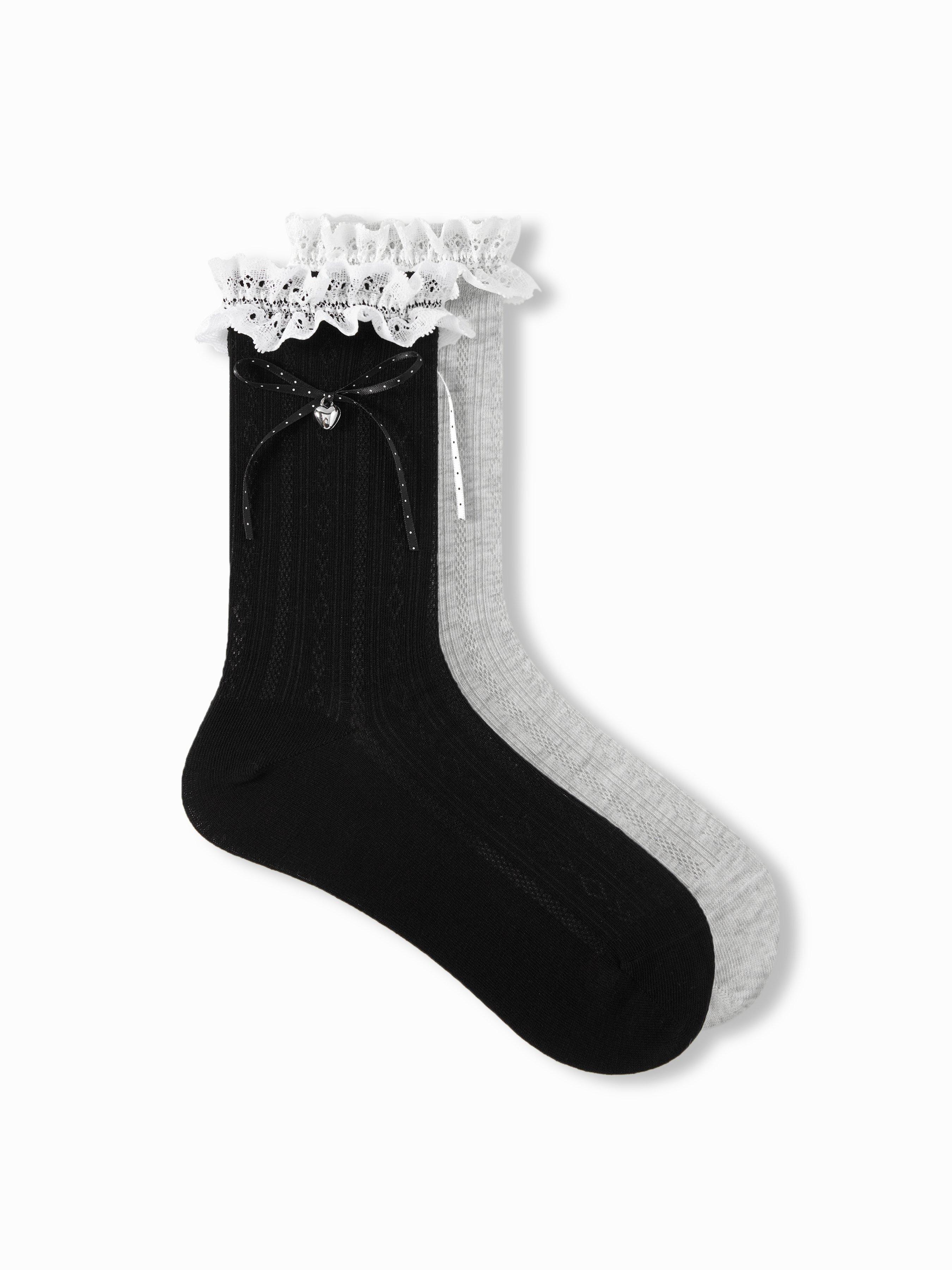 2 PAIRS BOWKNOT & LACE TRIM CREW SOCKS SET by CIDER