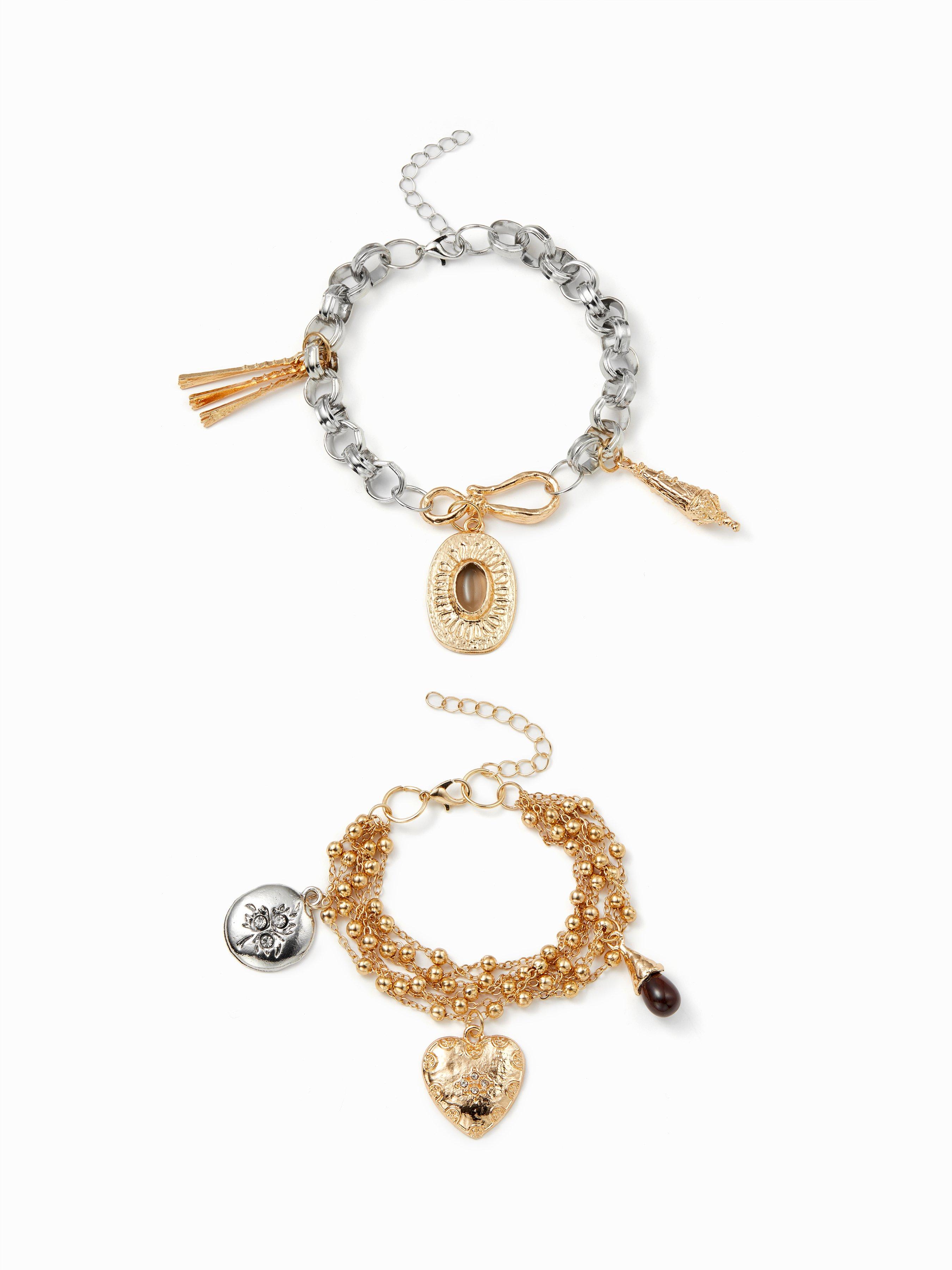2 PCS HEART & GEMSTONE PENDANT CHAIN BRACELET SET by CIDER