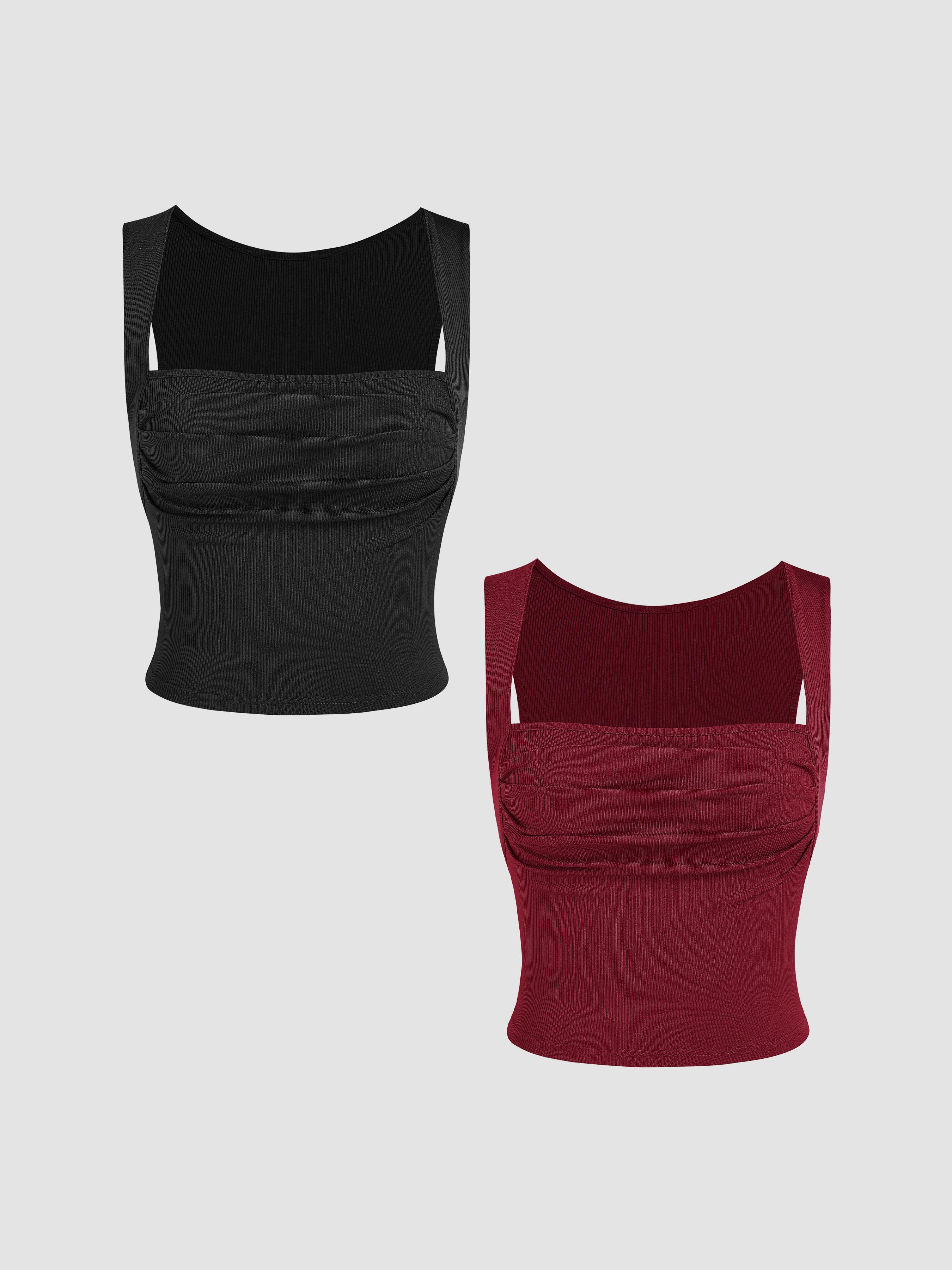 2 Pack Solid Ruched Square Neck Crop Top by CIDER