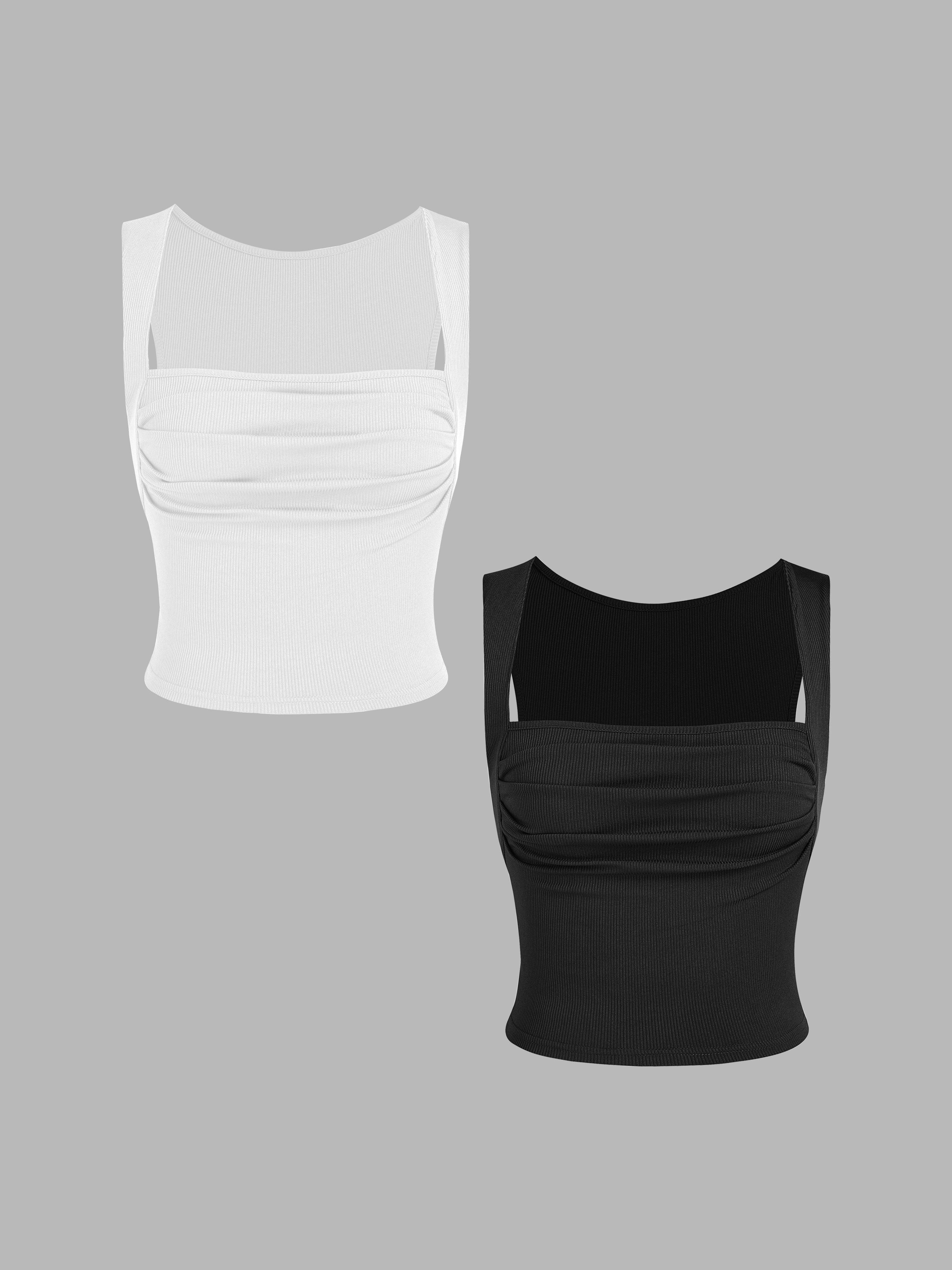 2 Pack Solid Ruched Square Neck Crop Top by CIDER