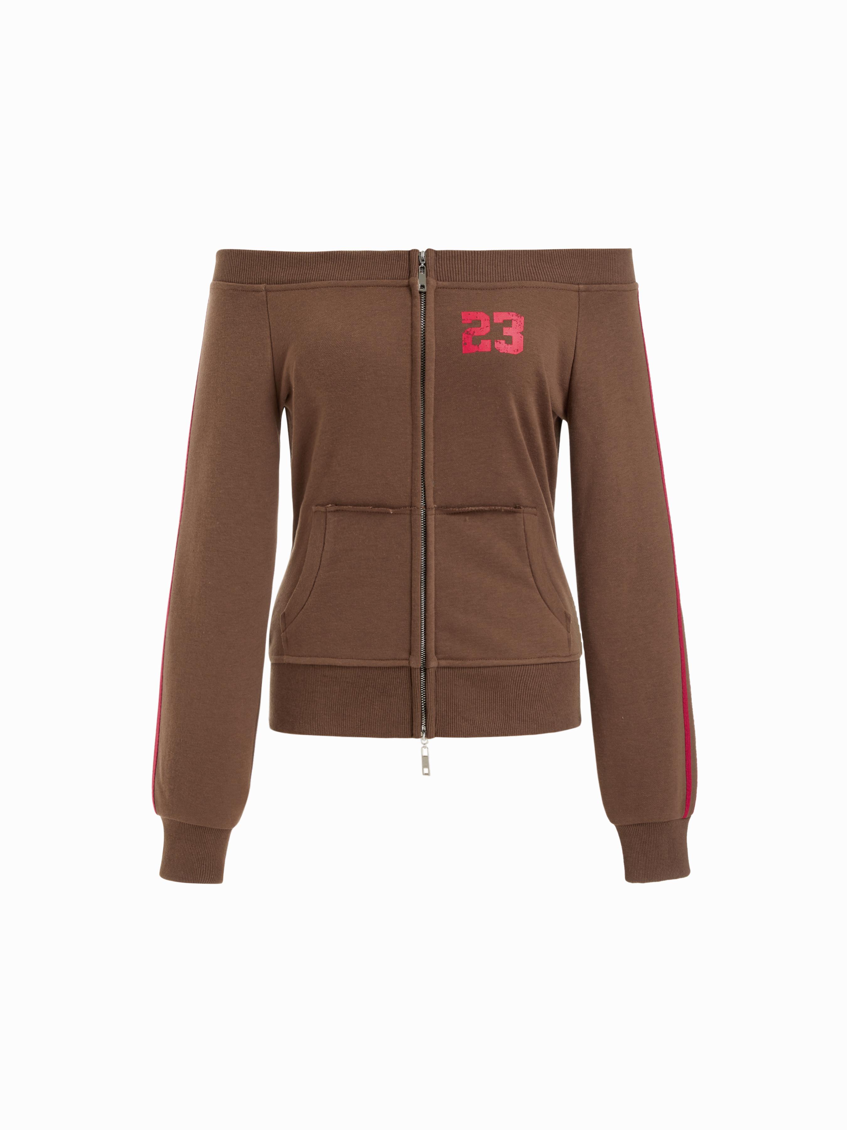 23 Terry Off-shoulder Side Striped Zip Through Sweatshirt by CIDER