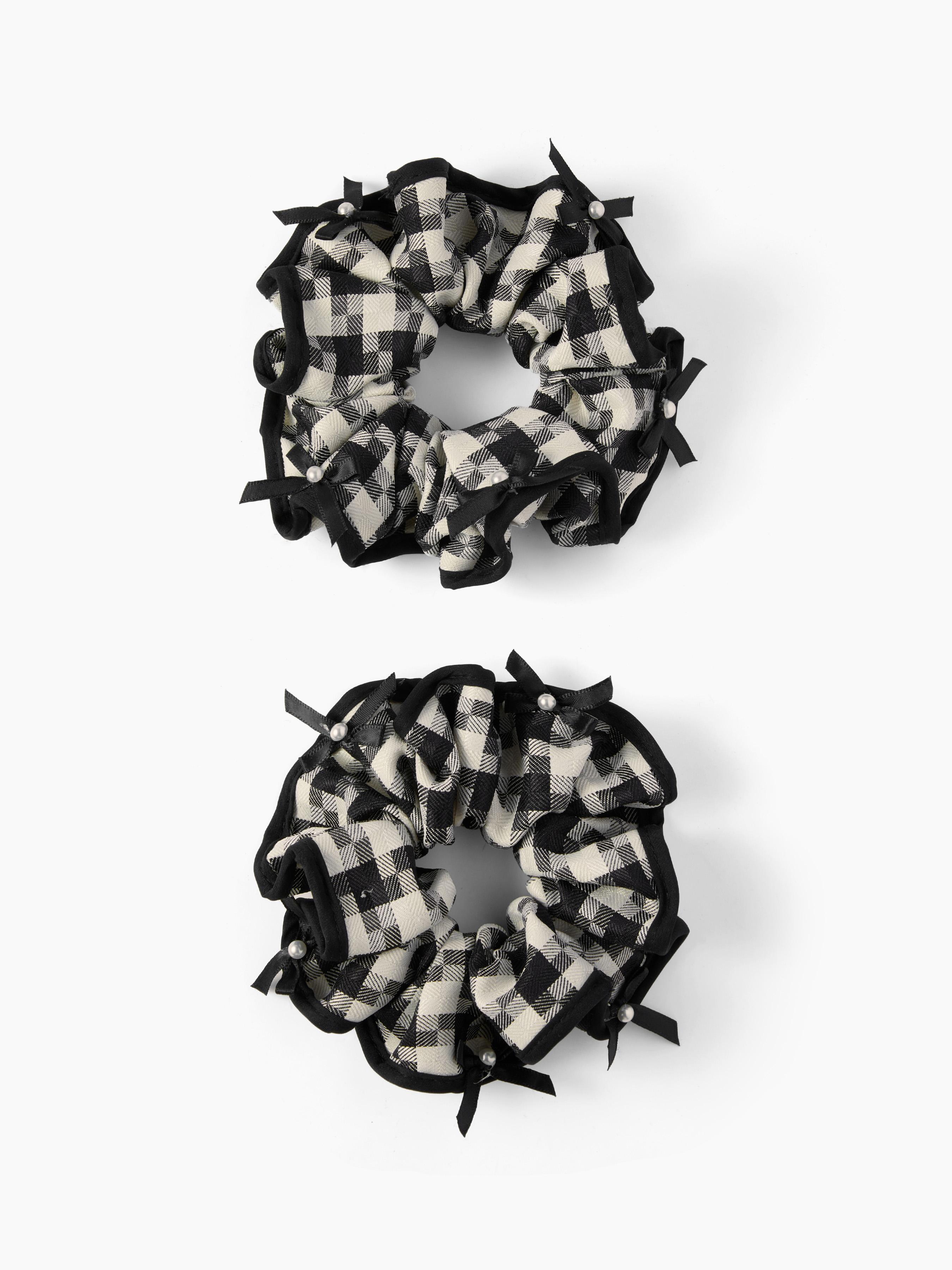 2PCS BOW & FAUX PEARL DECOR GINGHAM SCRUNCHIE by CIDER
