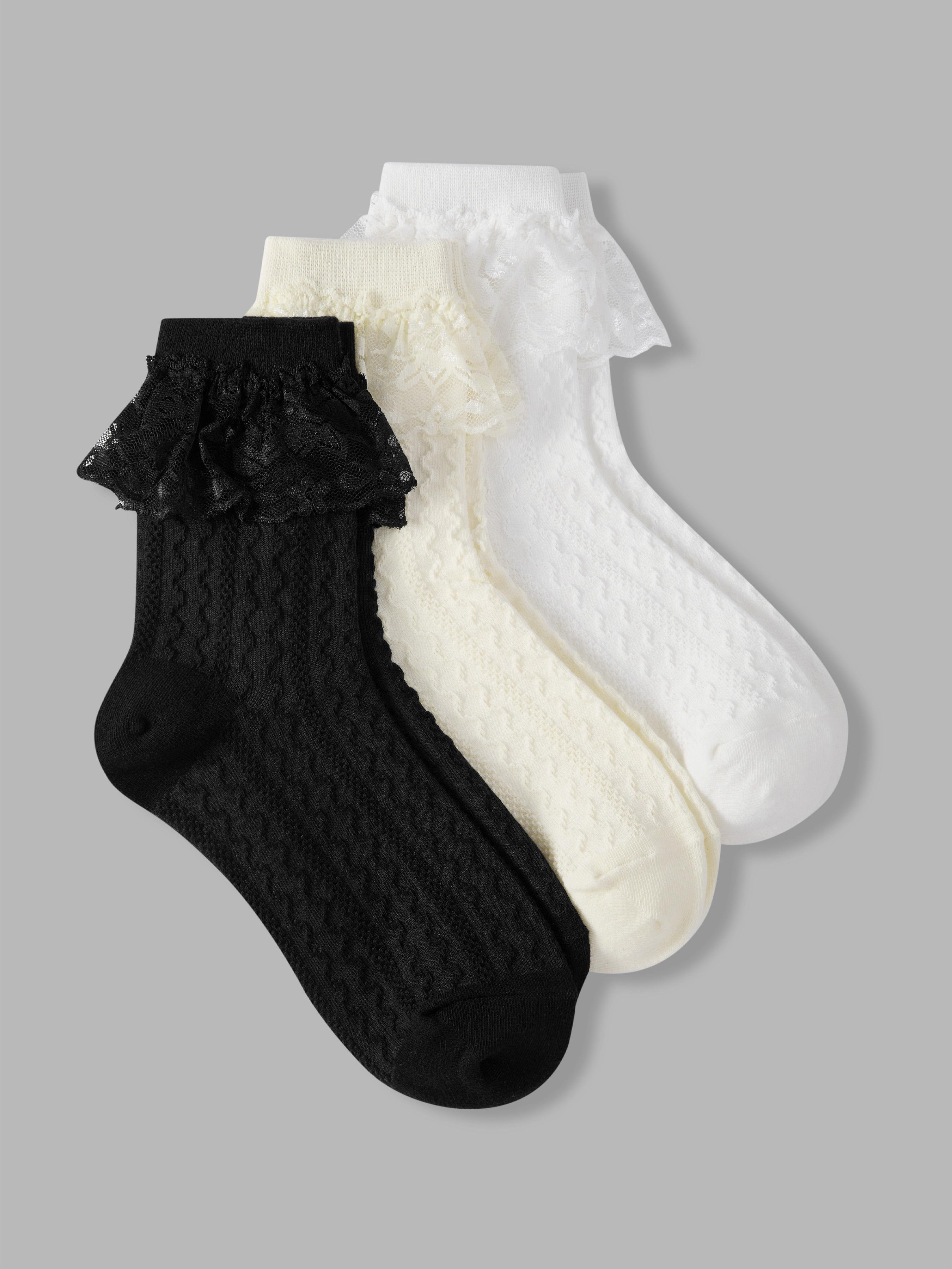 3 PAIRS LACE TRIM CREW SOCKS by CIDER