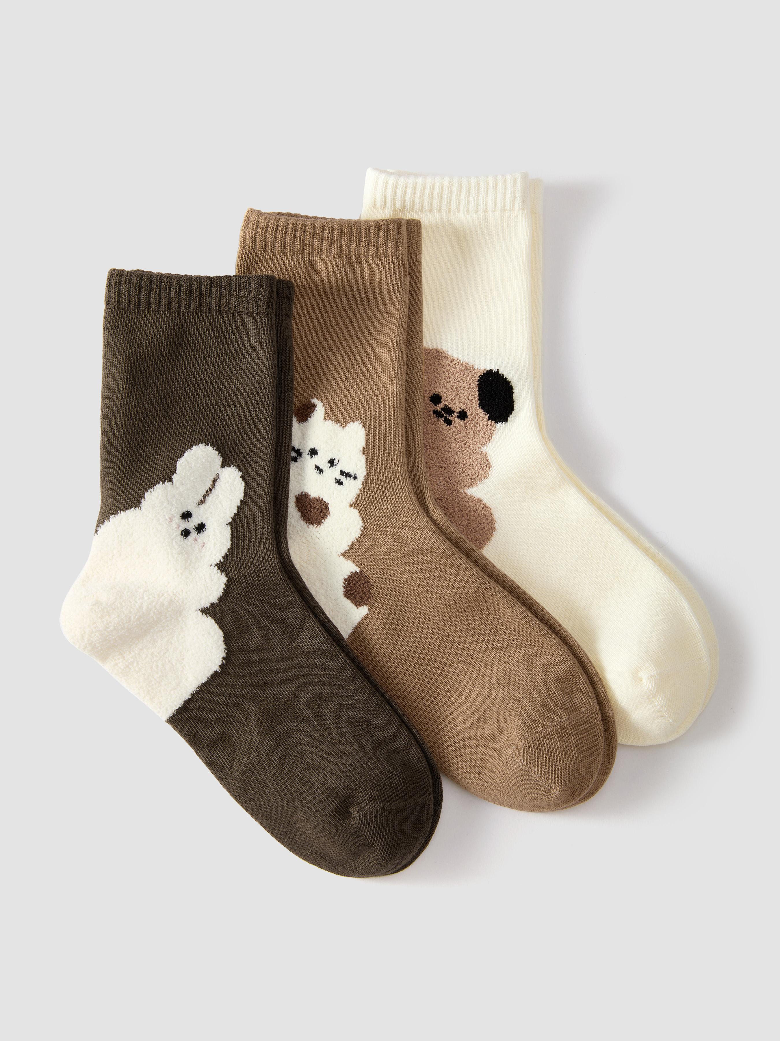 3 PAIRS RABBIT & CAT & BEAR FUZZY CREW SOCKS by CIDER