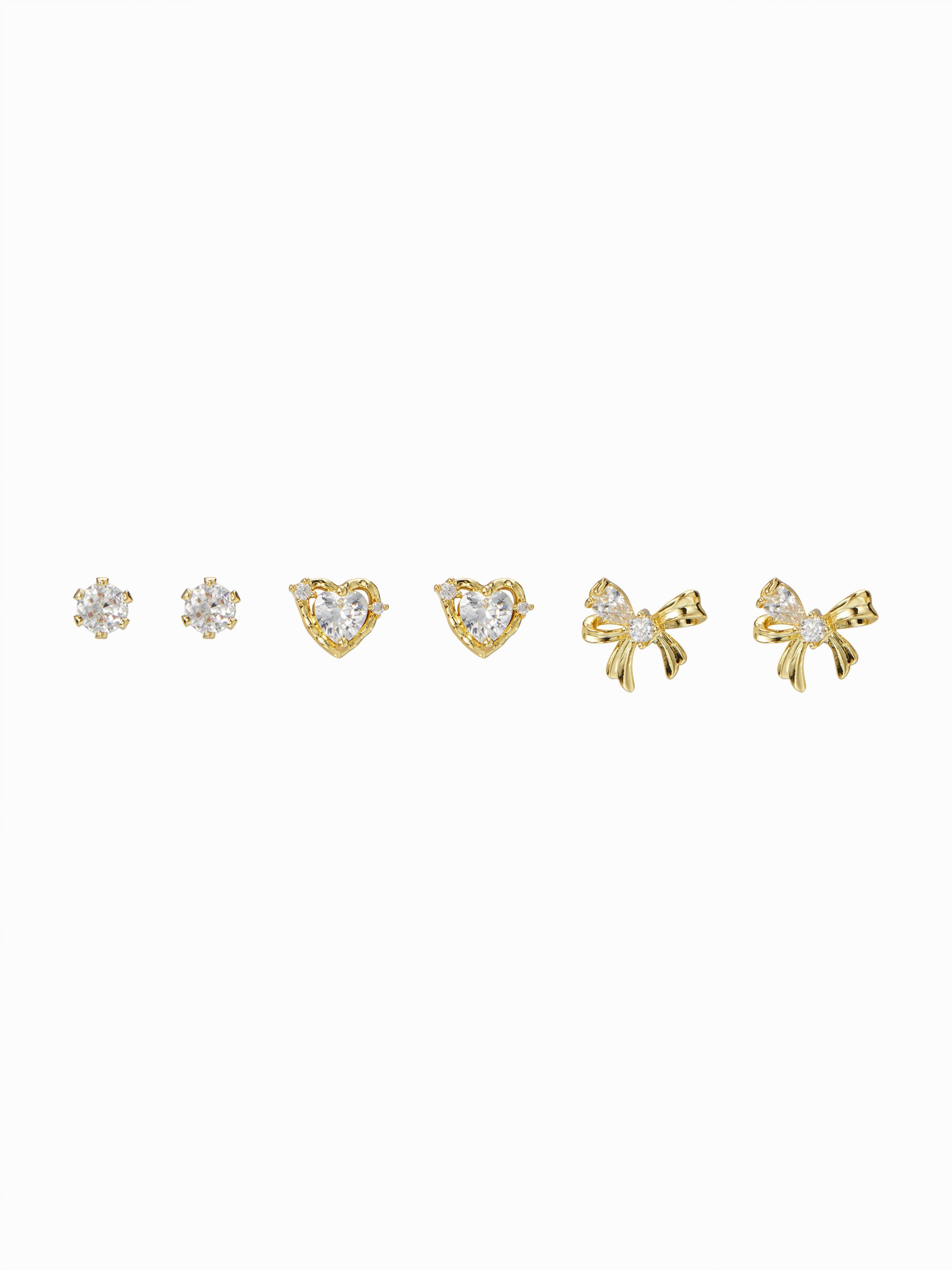 3 PAIRS RHINESTONE & HEART & BOWKNOT EARRINGS SET by CIDER