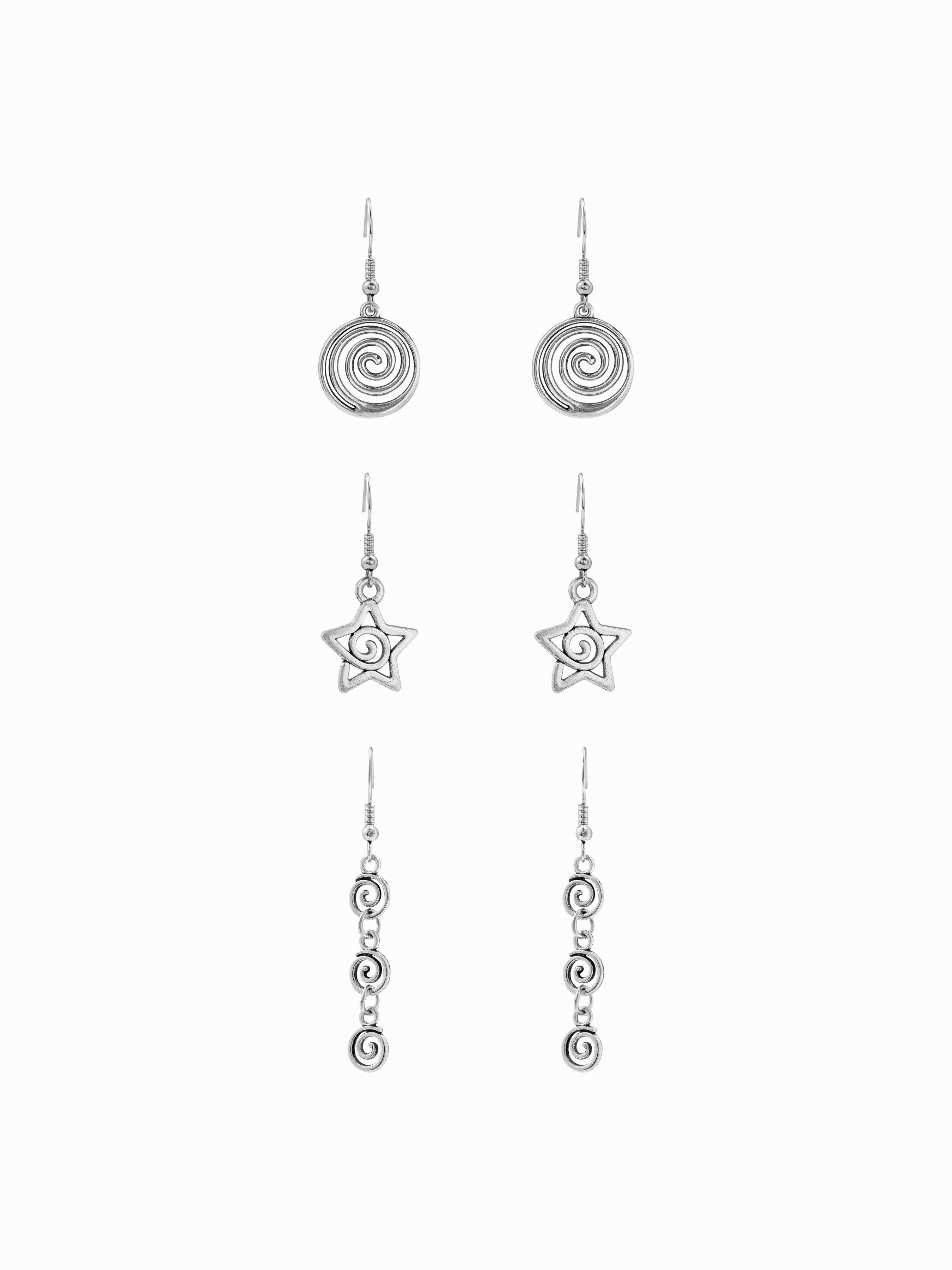 3 PAIRS SPIRAL & STAR DROP EARRINGS SET by CIDER
