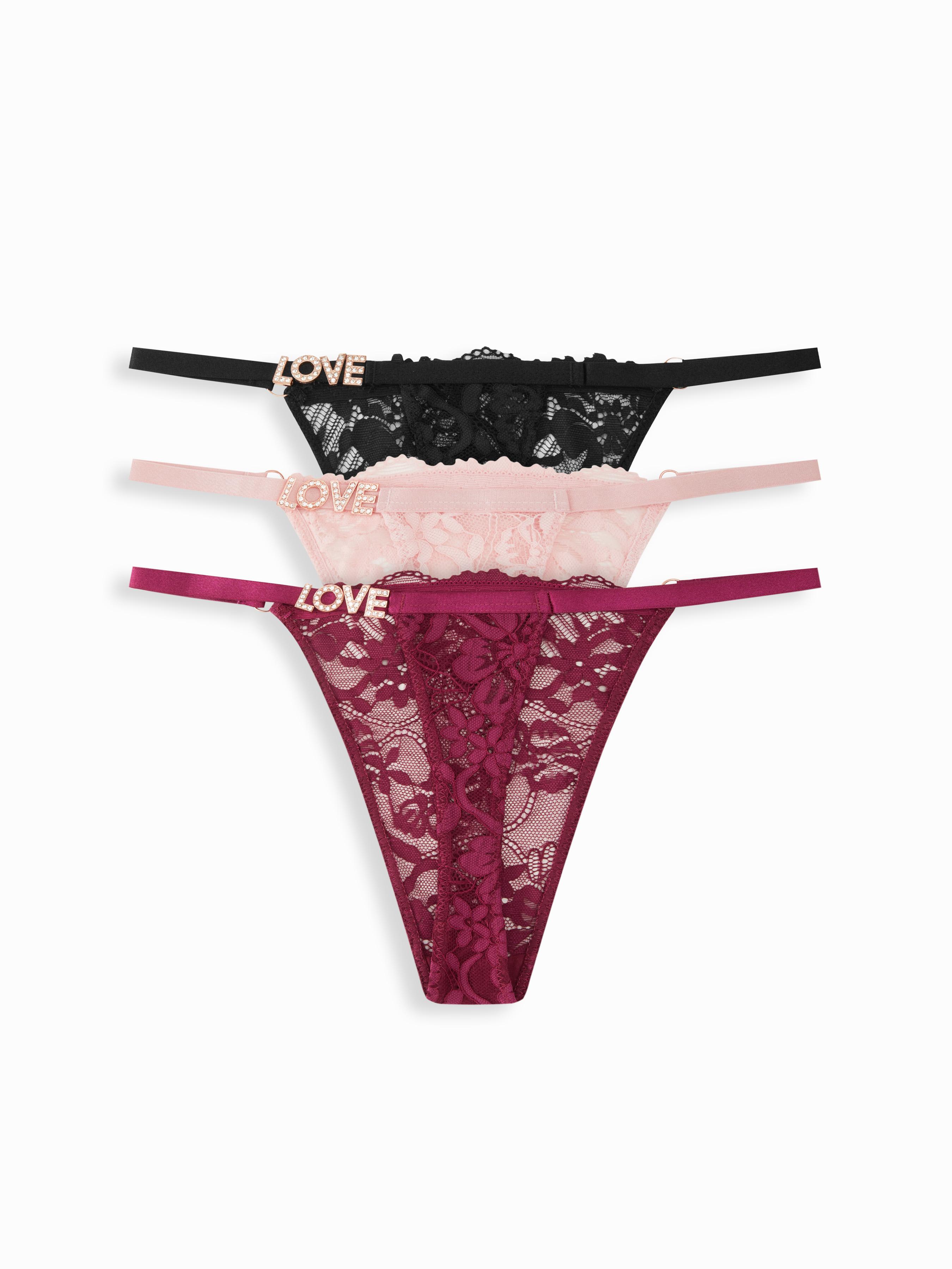 3 PCS Love Rhinestone Floral Lace Low Rise Thong by CIDER