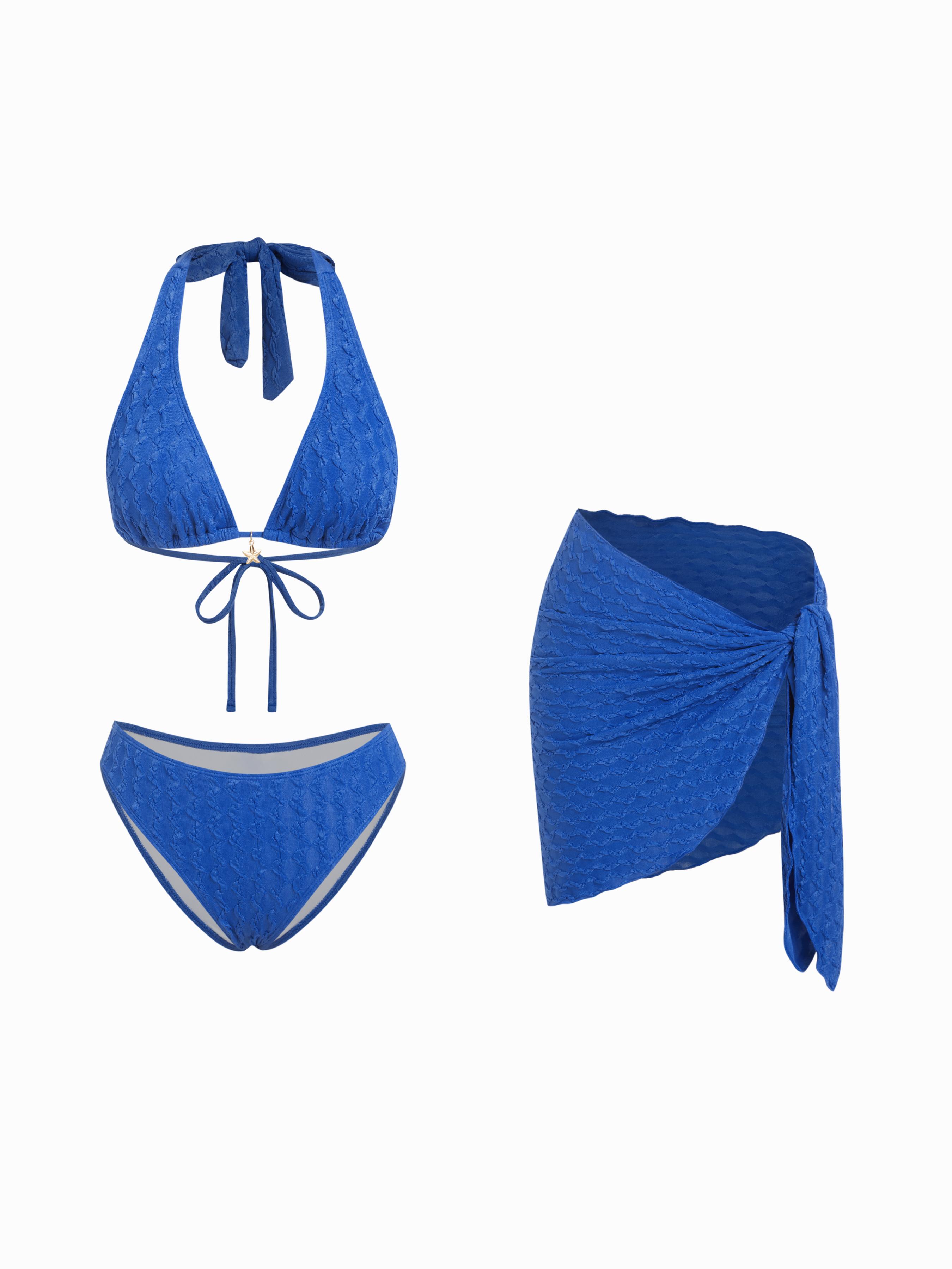3 Piece Halter Neckline Lace Triangle Bikini Top & Cheeky Bottom With Sarong Bikini Set by CIDER