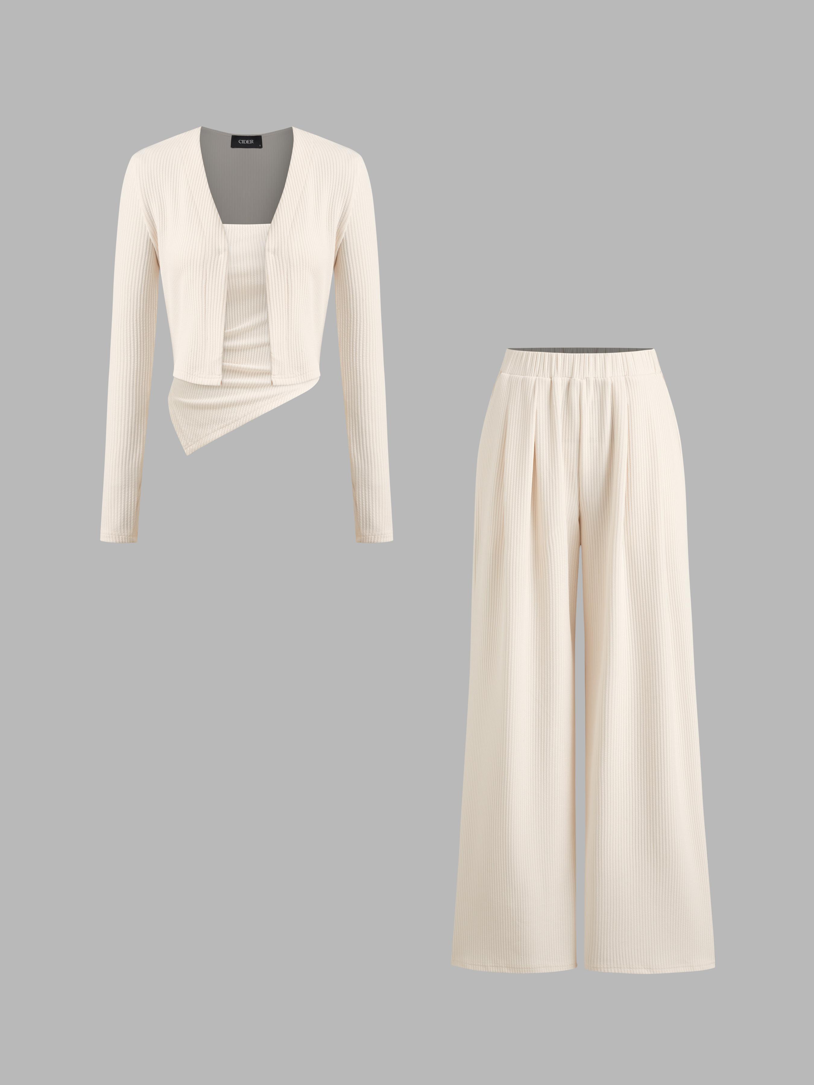 3pcs Solid Cardigan & Ruched Tube Top & Mid Rise Elastic Waist Wide Leg Trousers Set by CIDER