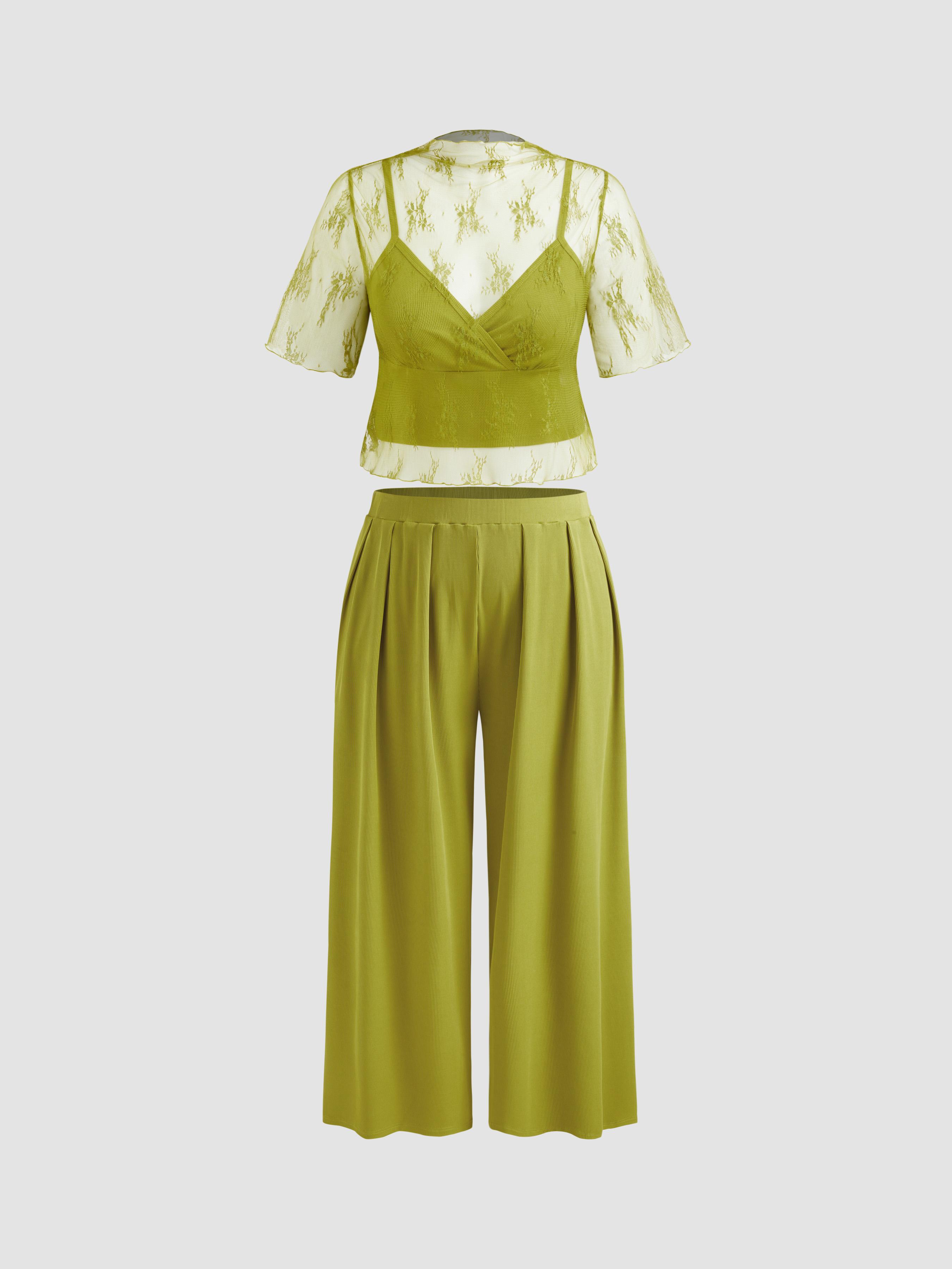 3pcs Stand Collar Lace Top & Solid Cami Top & Mid Rise Trousers Curve & Plus by CIDER