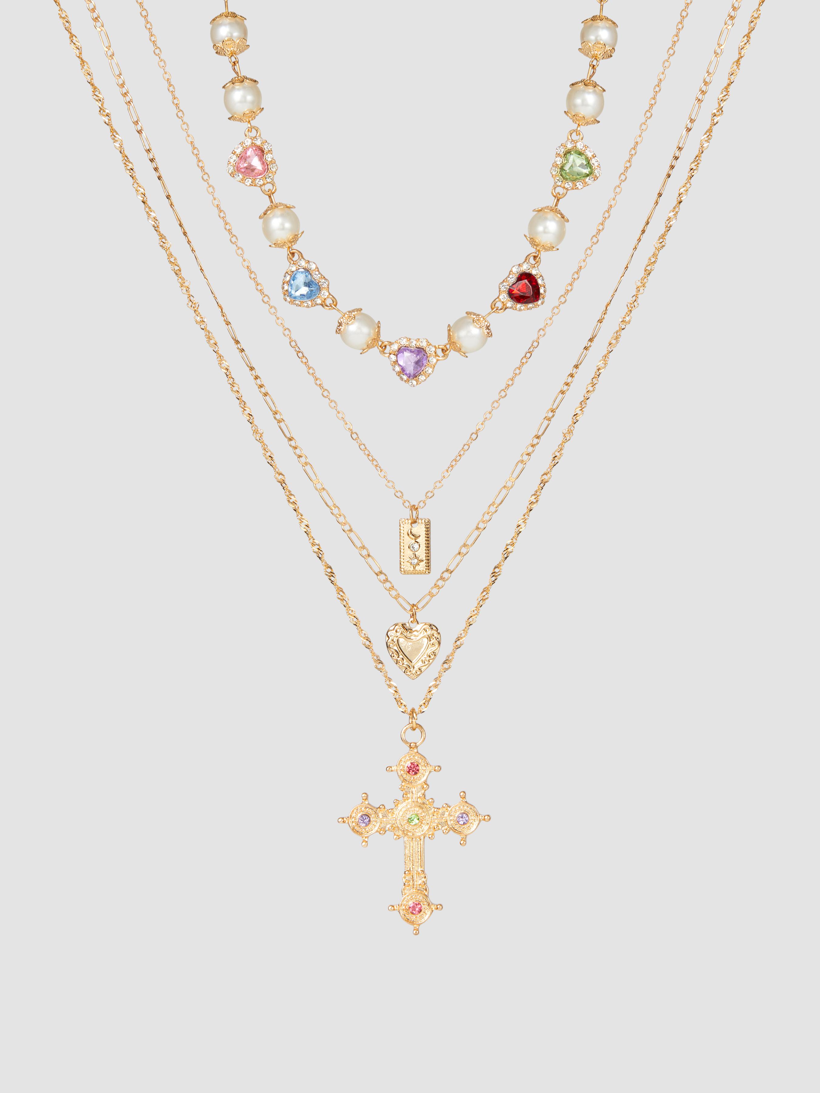 4PCS RHINESTONE DECOR CROSS & HEART & SQUARE PENDANT & HEART RHINESTONE & FAUX PEARL NECKLACE SET by CIDER 4PCS RHINESTONE DECOR CROSS & HEART & SQUARE PENDANT & HEART RHINESTONE & FAUX PEARL NECKLACE SET by CIDER