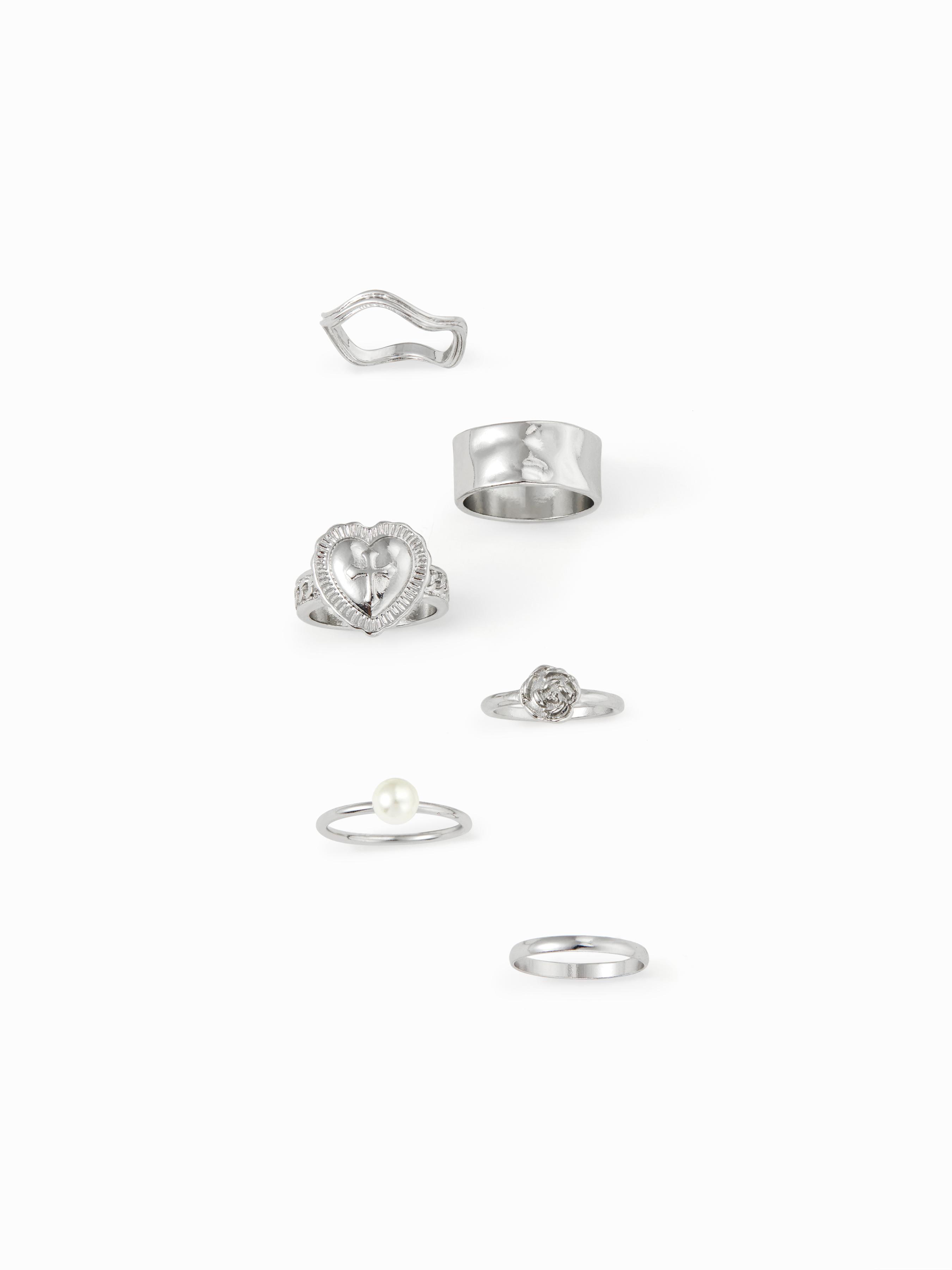 6 PCS FAUX PEARL & HEART RING SET by CIDER
