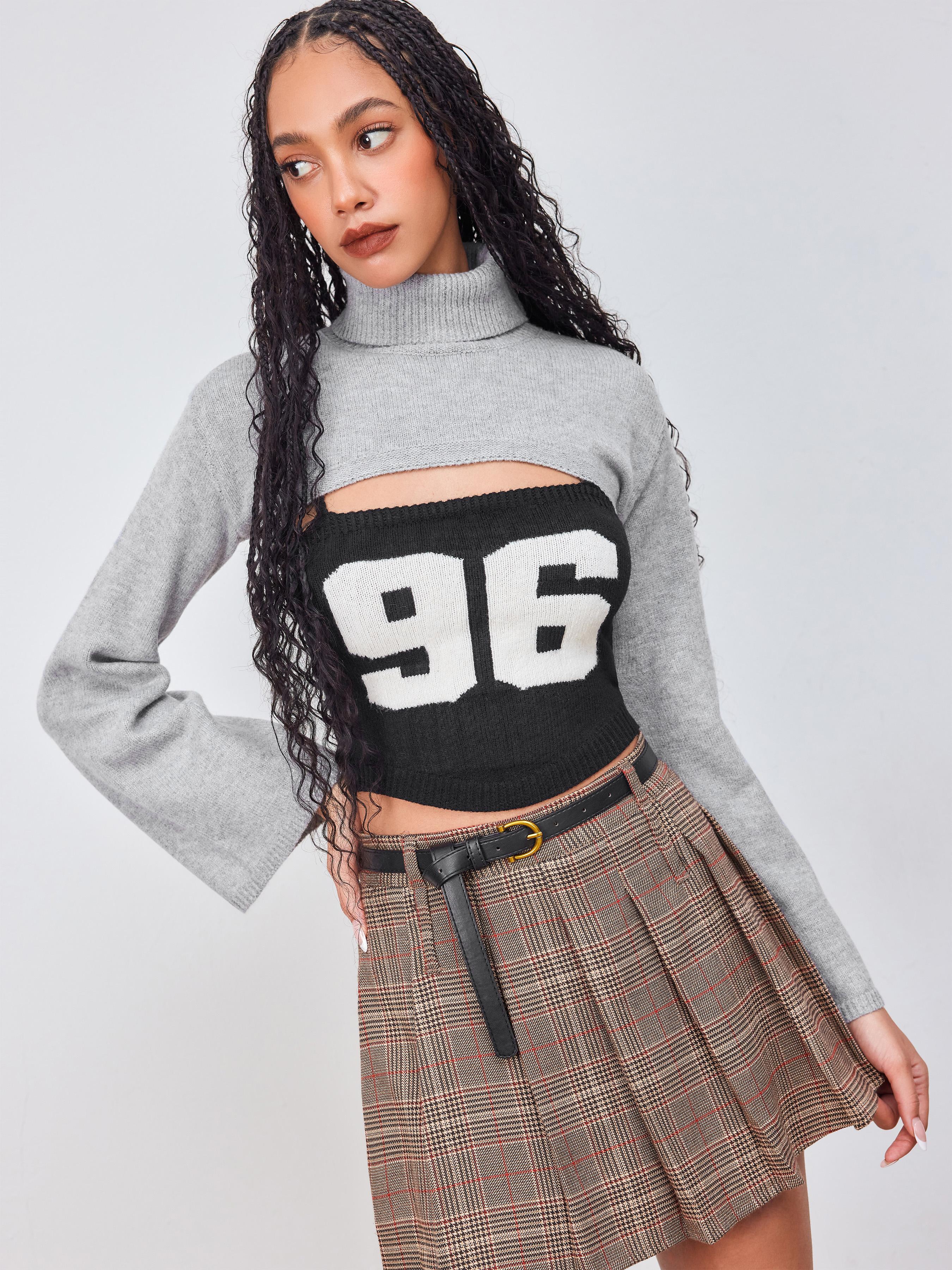 96 Knit High Neck Graphic Cami Top & Crop Shrug Set by CIDER