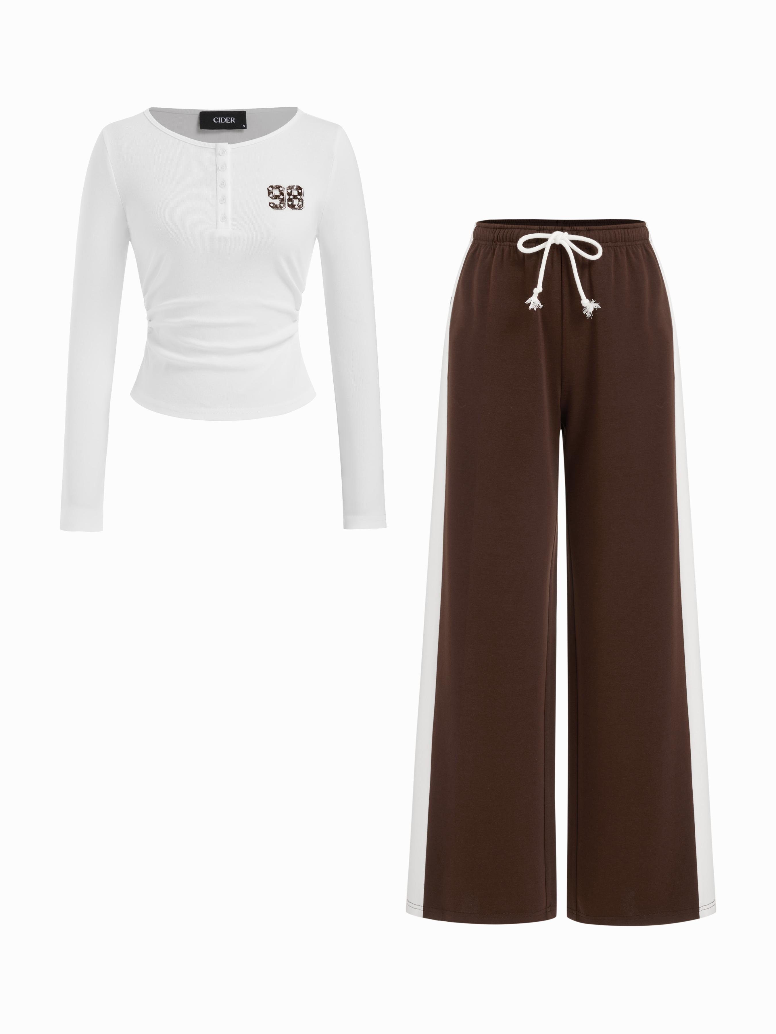 98 Cotton-blend Ruched Top & Low Rise Drawstring Wide Leg Trousers Set by CIDER 98 Cotton-blend Ruched Top & Low Rise Drawstring Wide Leg Trousers Set by CIDER