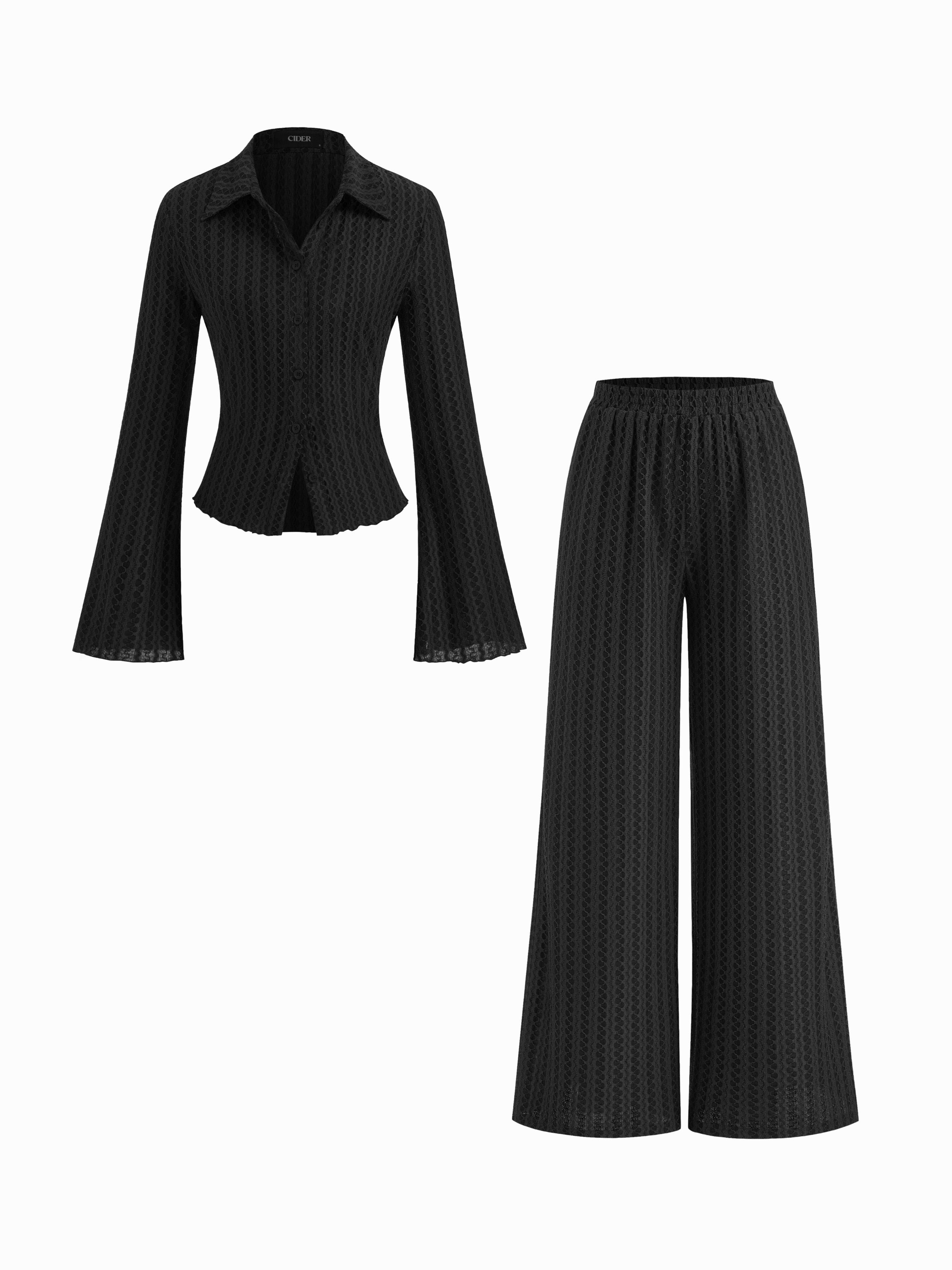 Abstract Graphic Collar Bell Sleeve Shirt & Mid Rise Wide Leg Trousers Set by CIDER Abstract Graphic Collar Bell Sleeve Shirt & Mid Rise Wide Leg Trousers Set by CIDER