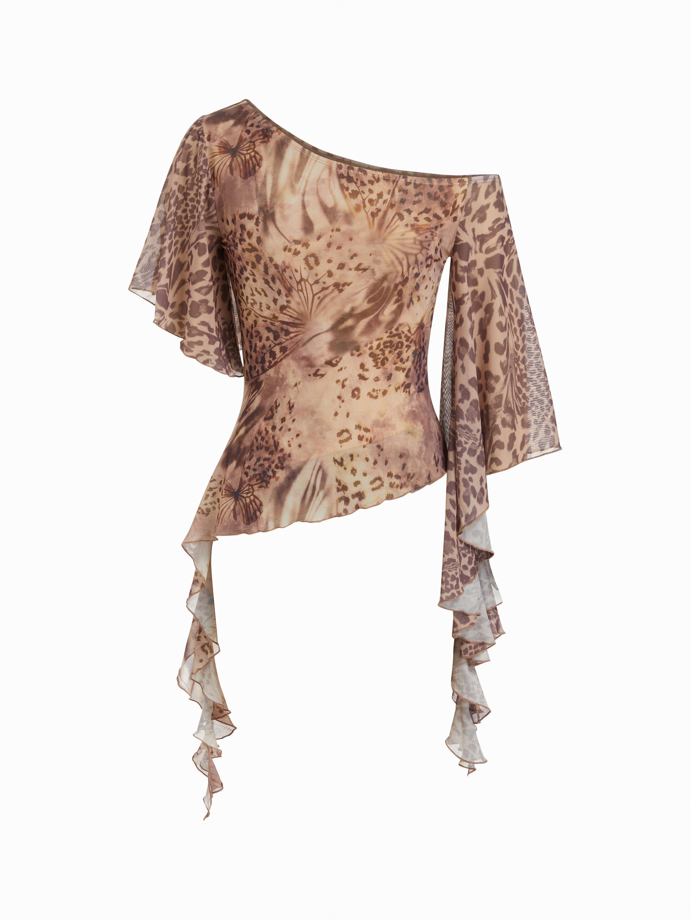 Abstract Leopard Ruffle Asymmetric One-Shoulder Top by CIDER
