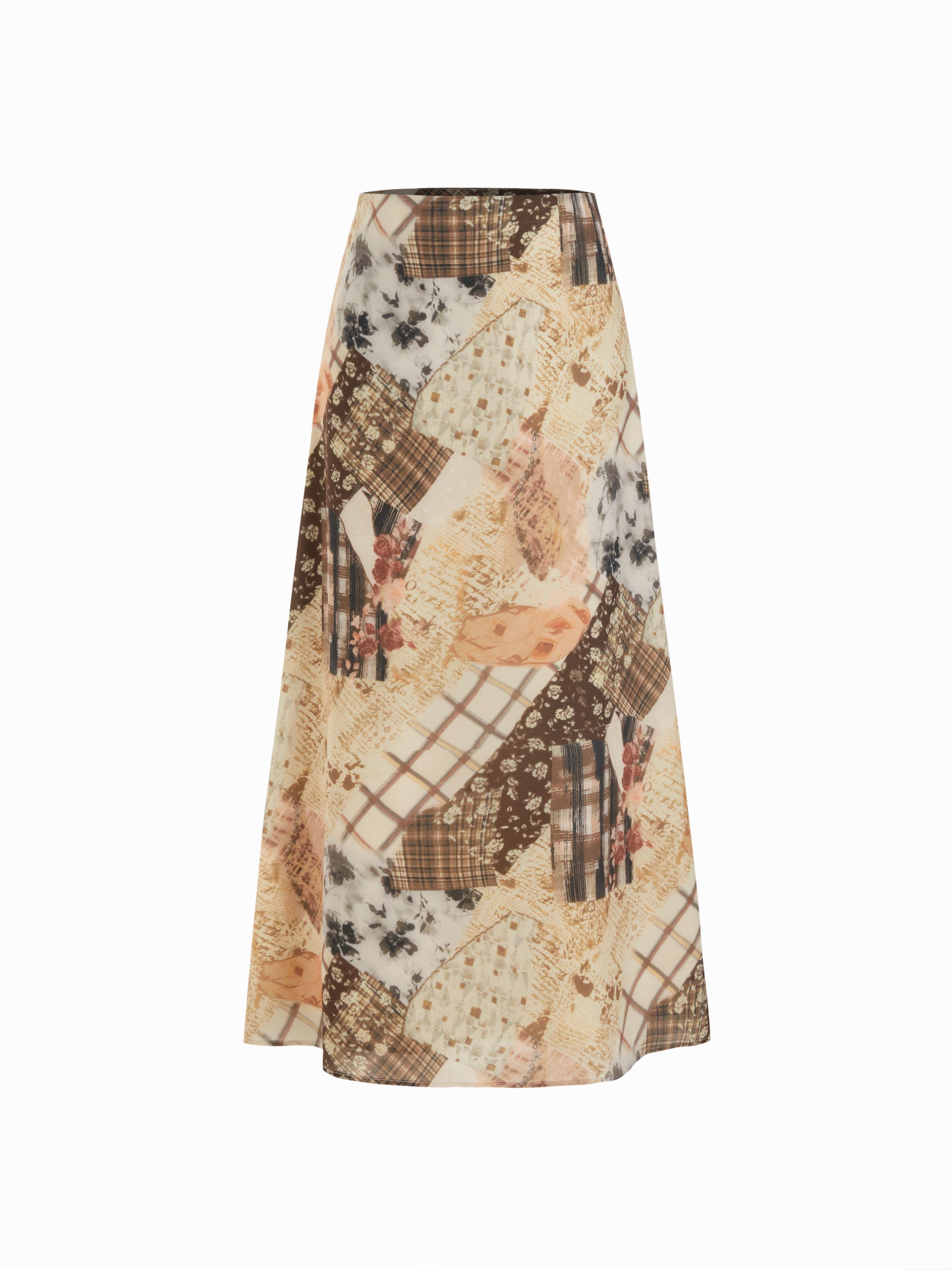 Abstract Patchwork Print Mid Rise Flared Maxi Skirt by CIDER