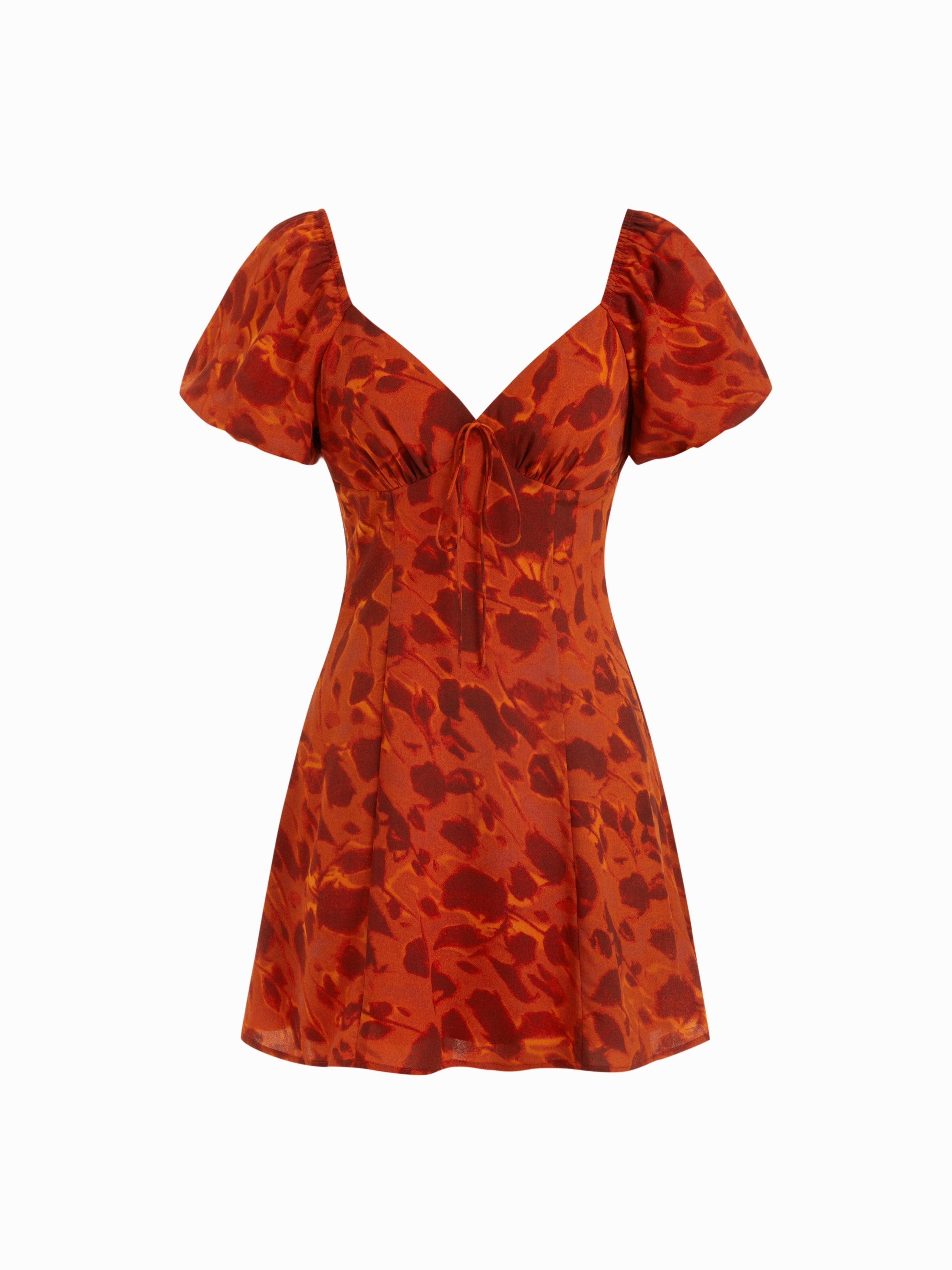 Abstract Print Sweetheart Puff Sleeve A-line Mini Dress by CIDER