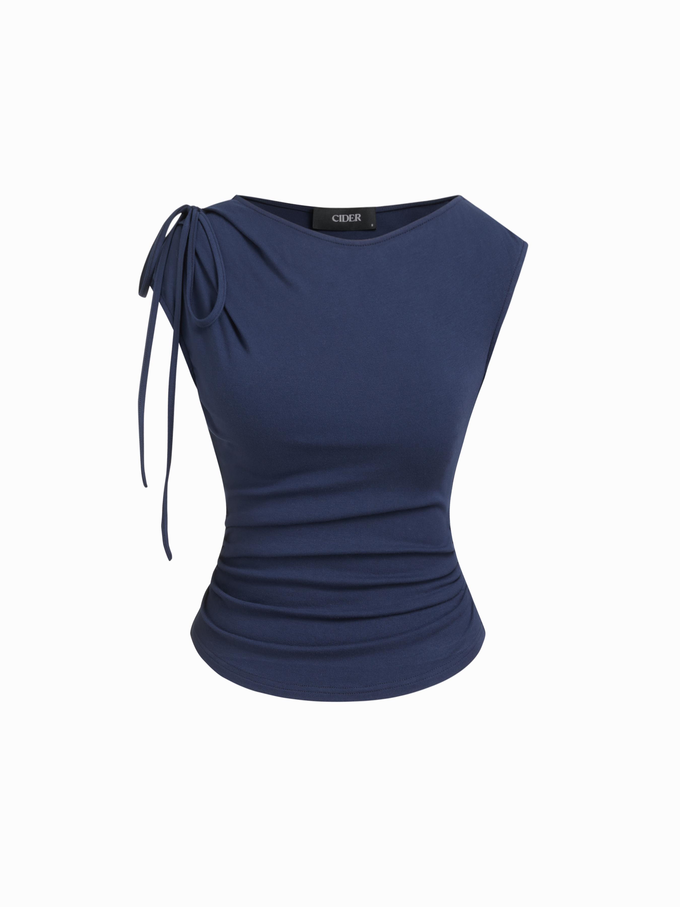 Asymmetrical Neck Bowknot Cinched Waist Ruched Tee by CIDER