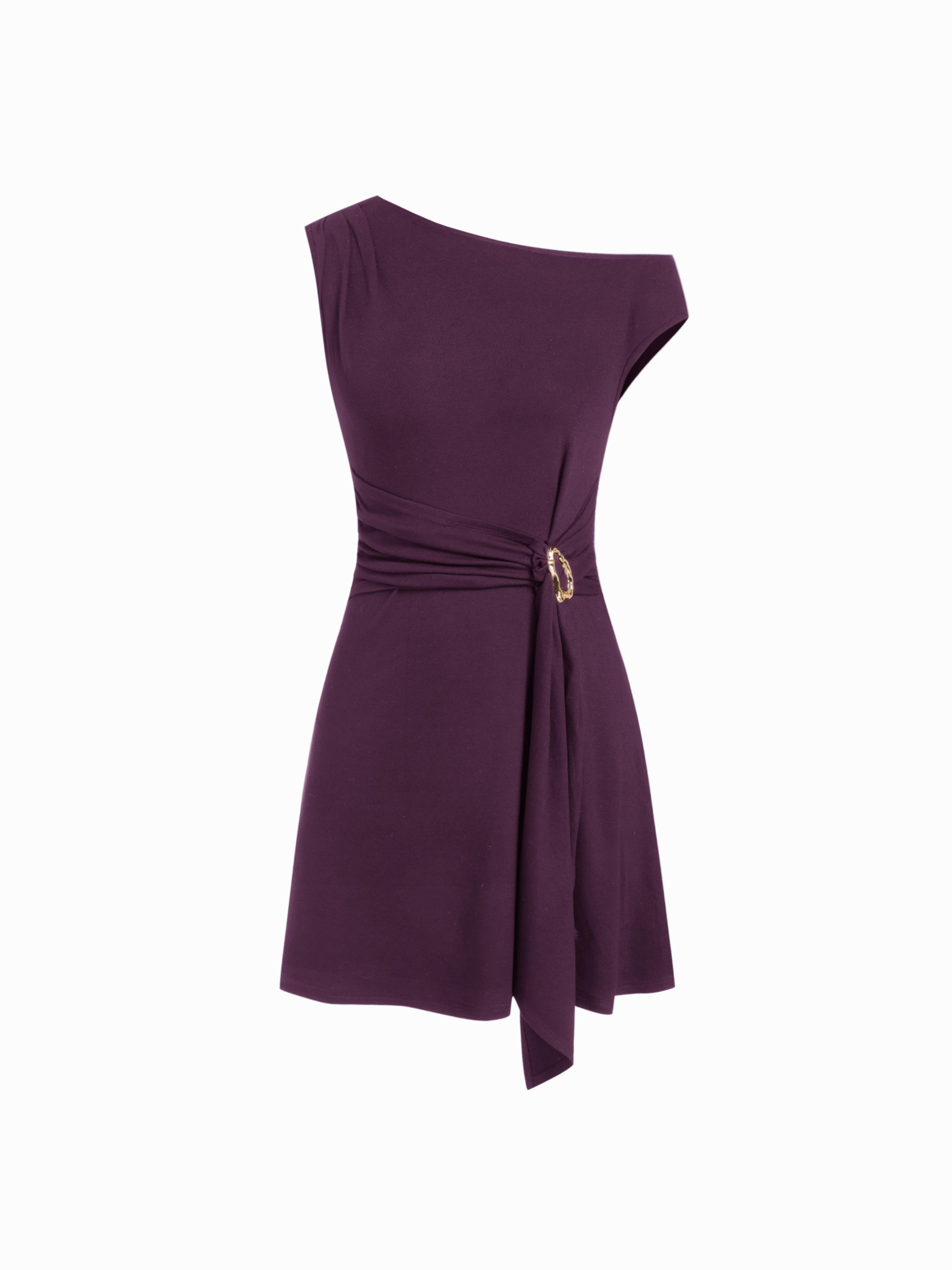 Asymmetrical Neck Draped Metal Detail A-line Mini Dress by CIDER