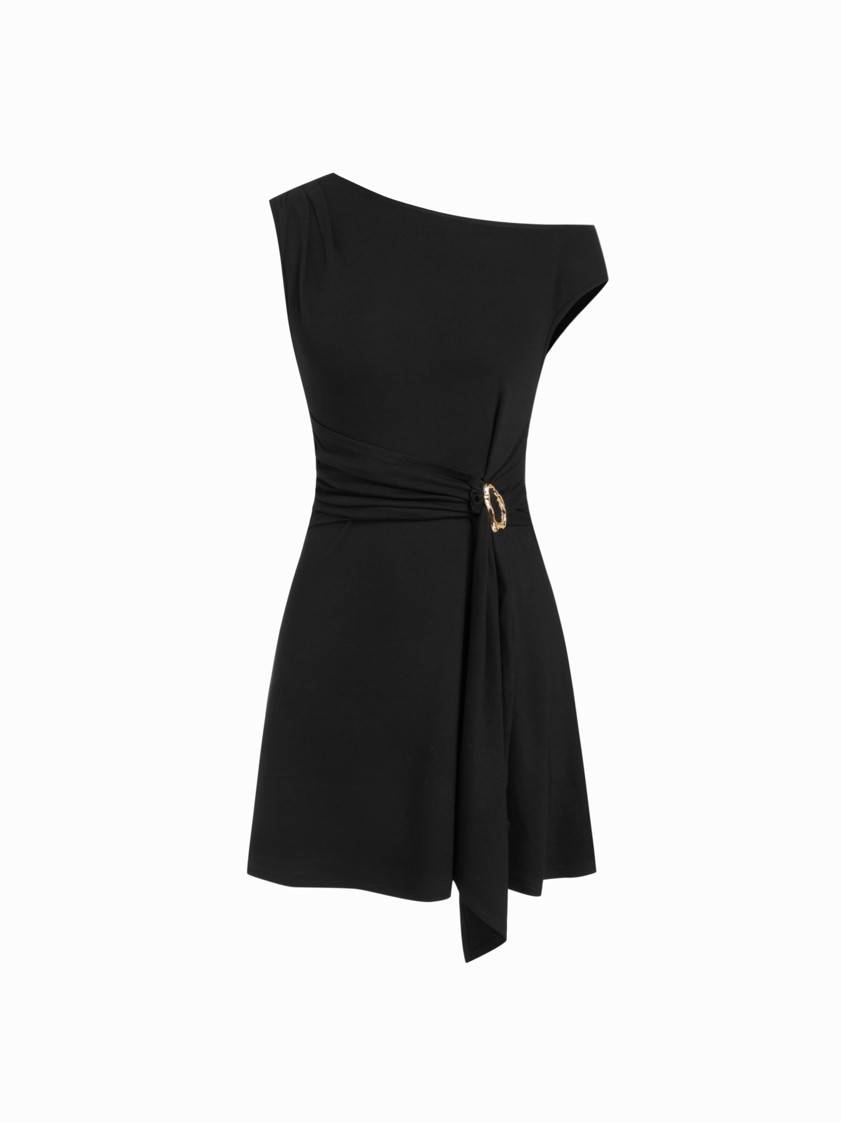 Asymmetrical Neck Draped Metal Detail A-line Mini Dress by CIDER