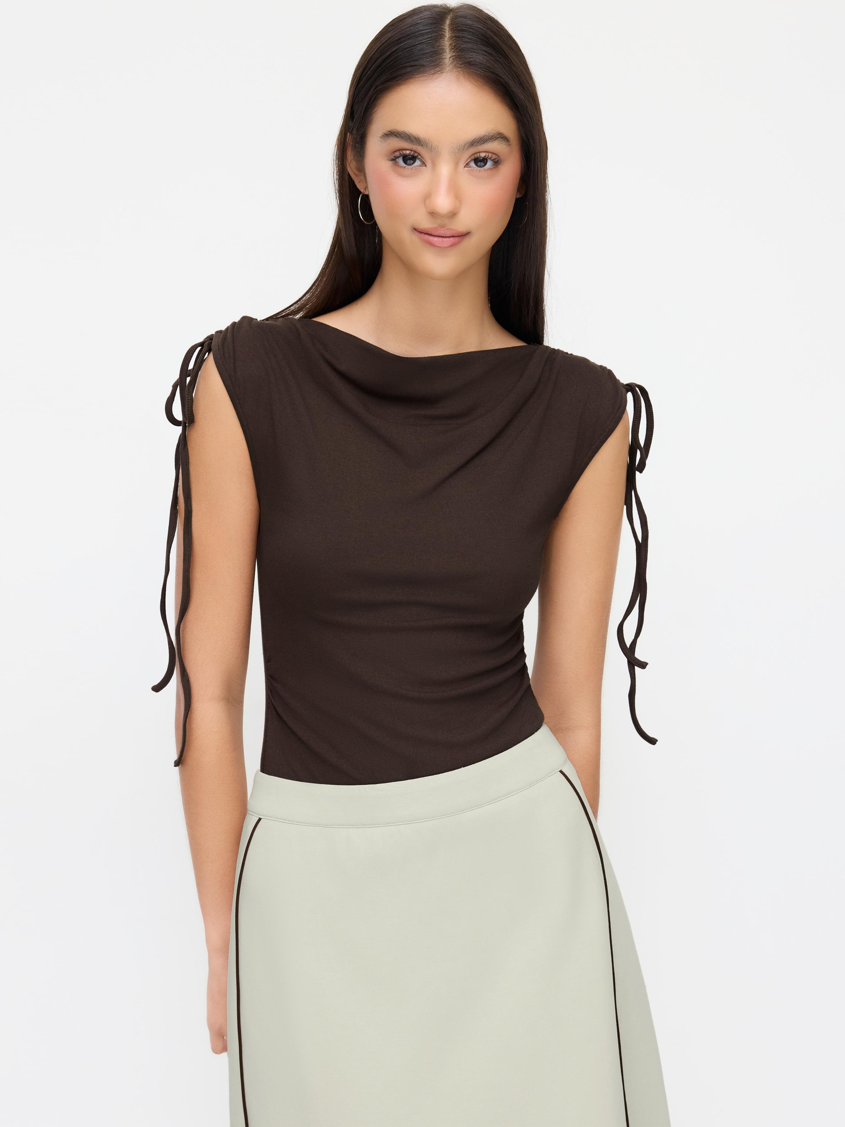 Asymmetrical Neck Drawstring Ruched Bodysuit by CIDER
