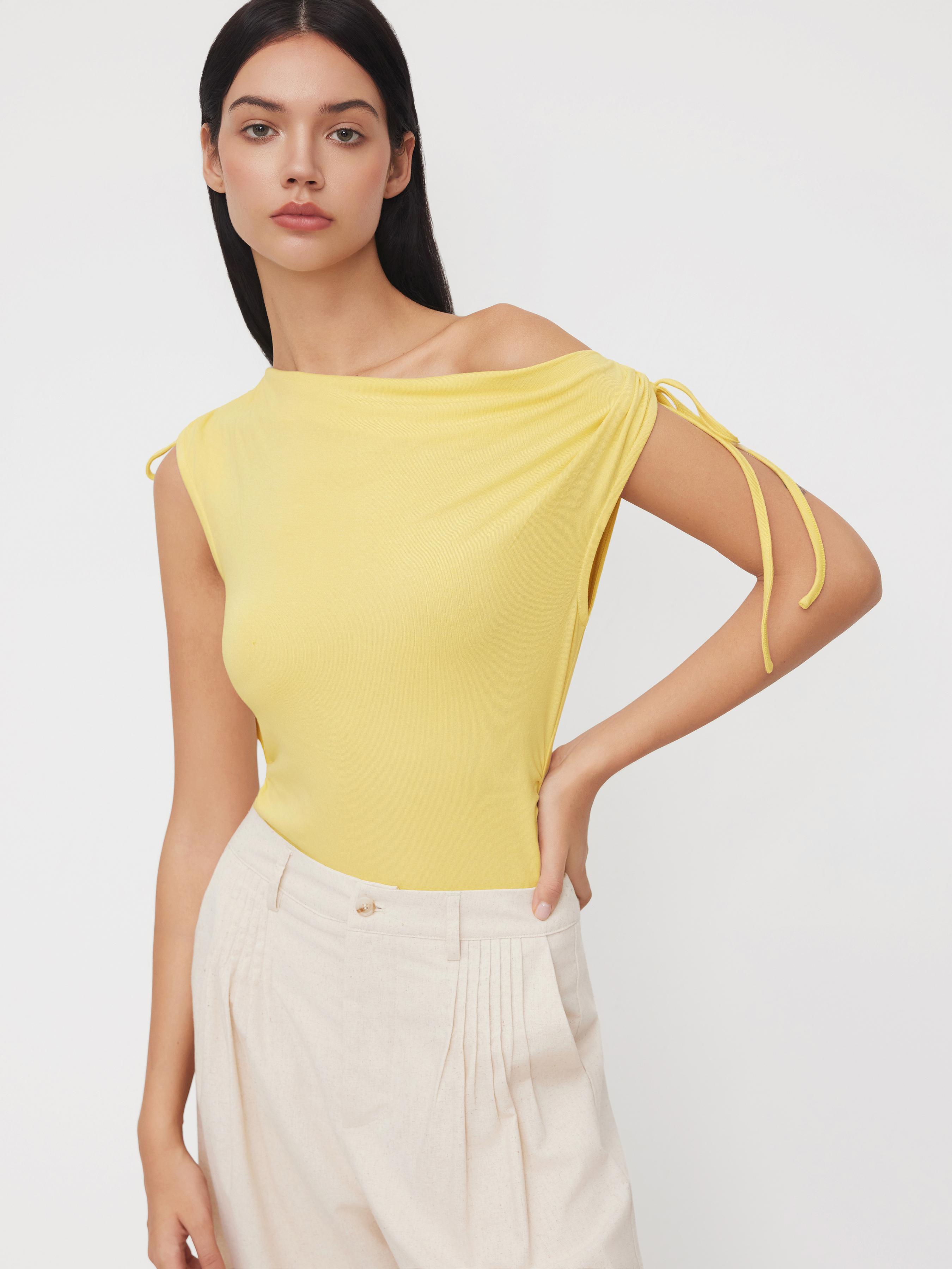 Asymmetrical Neck Drawstring Ruched Bodysuit by CIDER